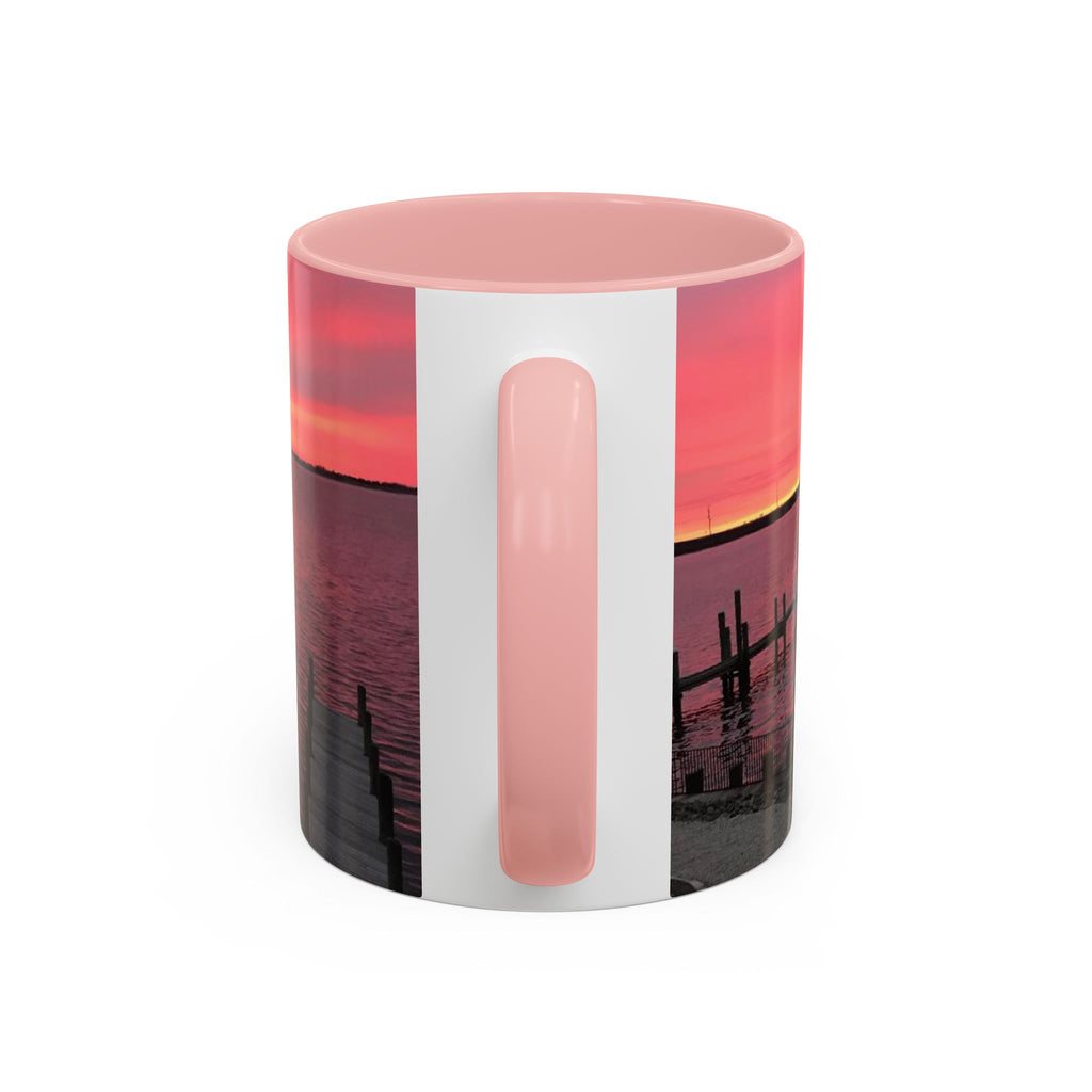 Sunset Harbor Accent Coffee Mug — Pink Sunrise Dock Scene (11/15oz)