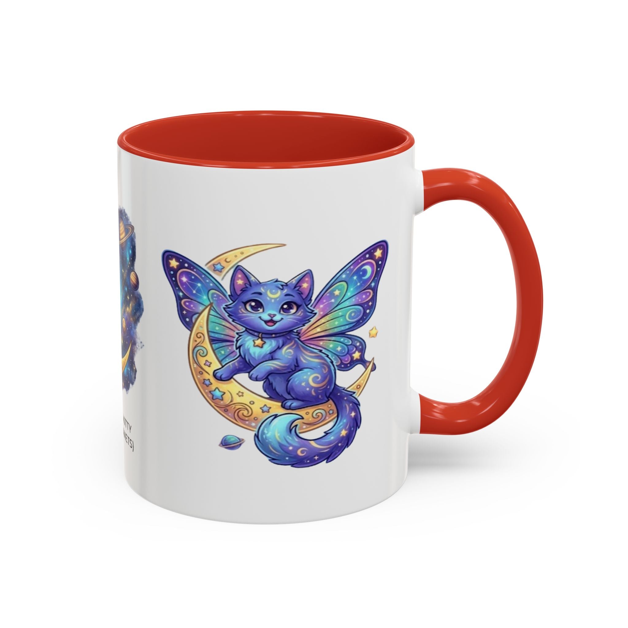 Cosmic Kitty Accent Coffee Mug — Magical Moon & Planets Cat Design (11/15oz)
