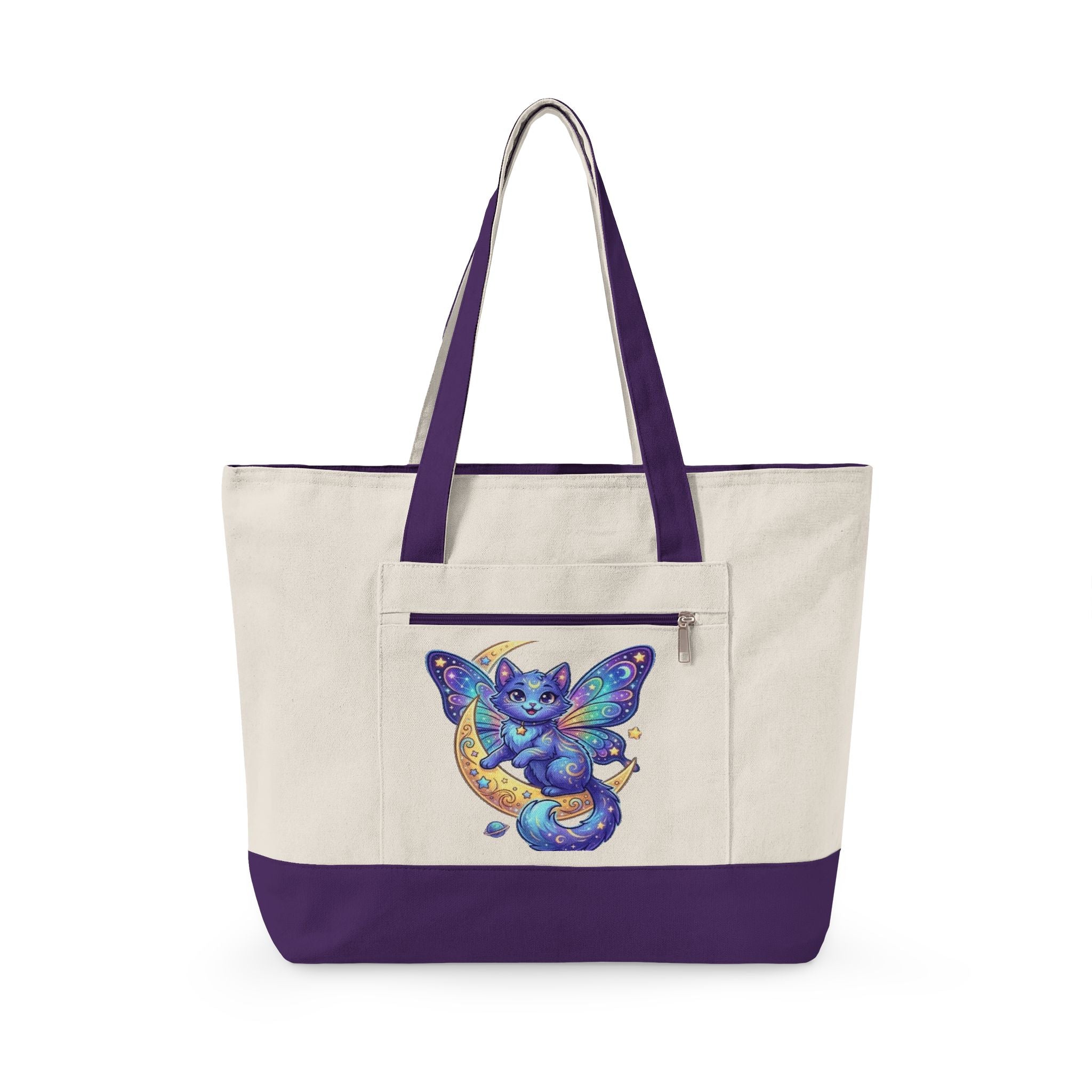 Canvas Tote Bag — Whimsical Moon Cat Butterfly Design