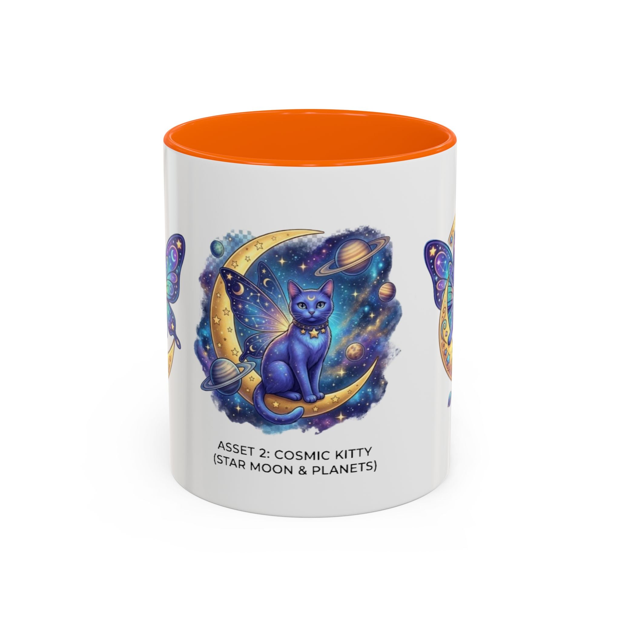 Cosmic Kitty Accent Coffee Mug — Magical Moon & Planets Cat Design (11/15oz)