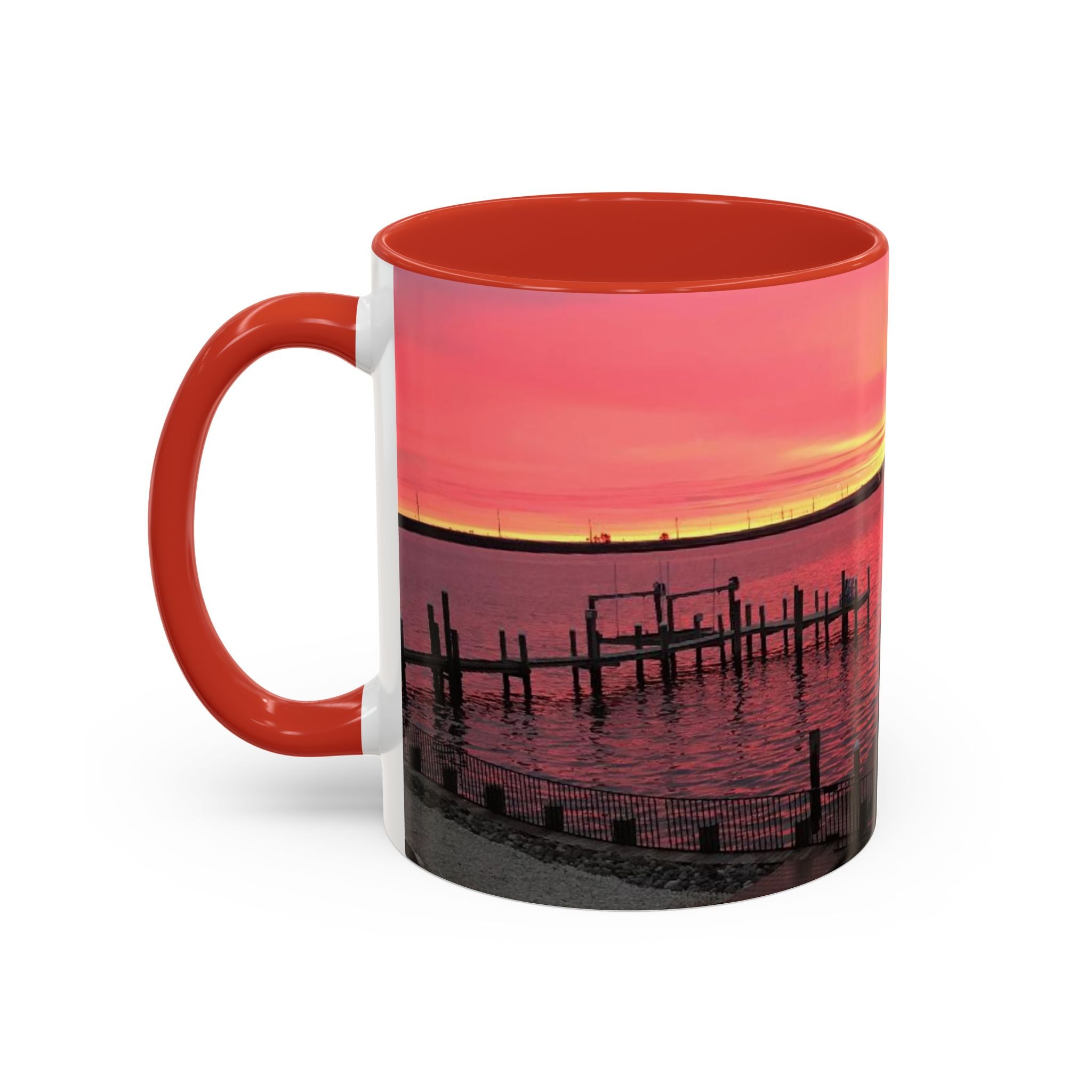 Sunset Harbor Accent Coffee Mug — Pink Sunrise Dock Scene (11/15oz)
