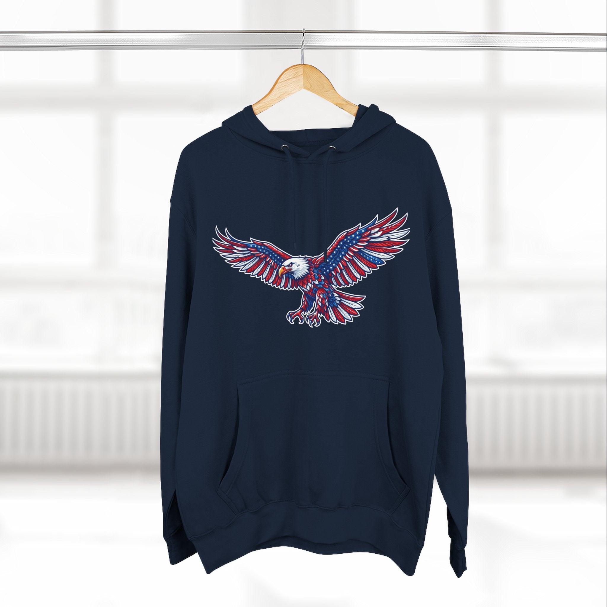 Eagle Flight Hoodie — Patriotic Red & Blue Soaring Eagle Graphic