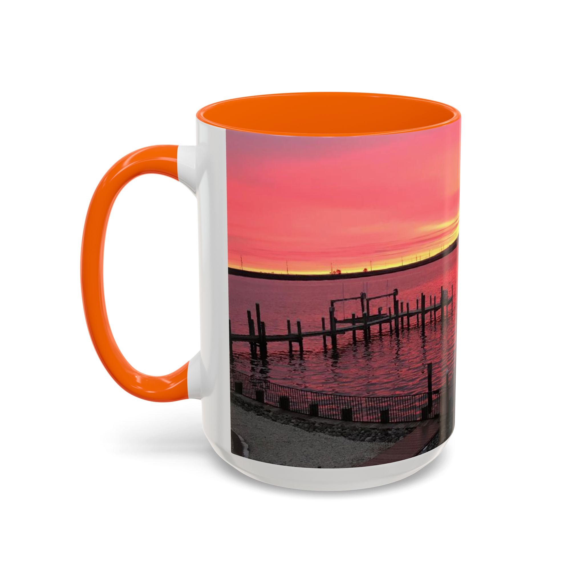 Sunset Harbor Accent Coffee Mug — Pink Sunrise Dock Scene (11/15oz)