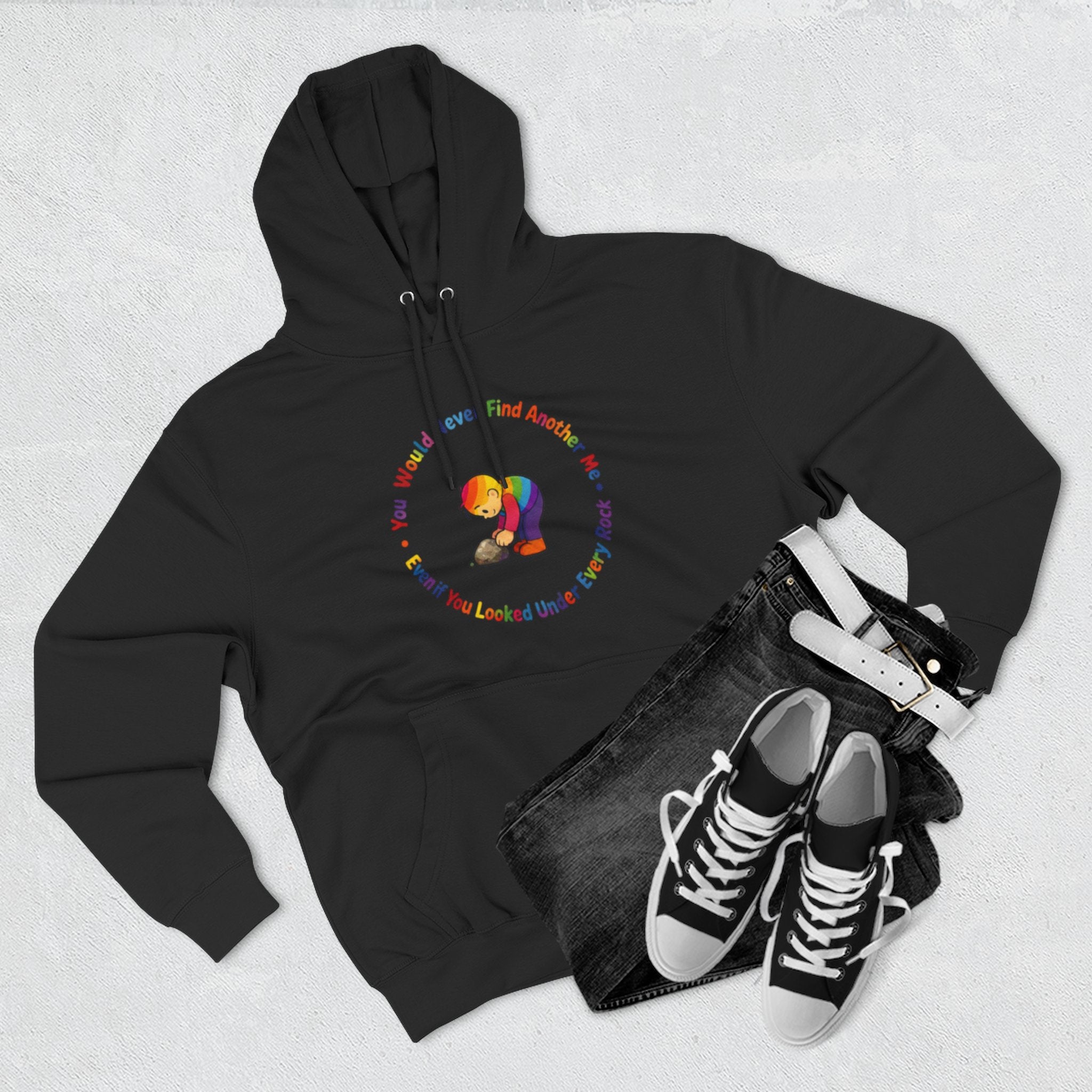 Rainbow Sloth Hoodie — “If You Wouldn’t Find Anyone, You’d Be Looked Under Every Rock” Cozy Graphic Pullover