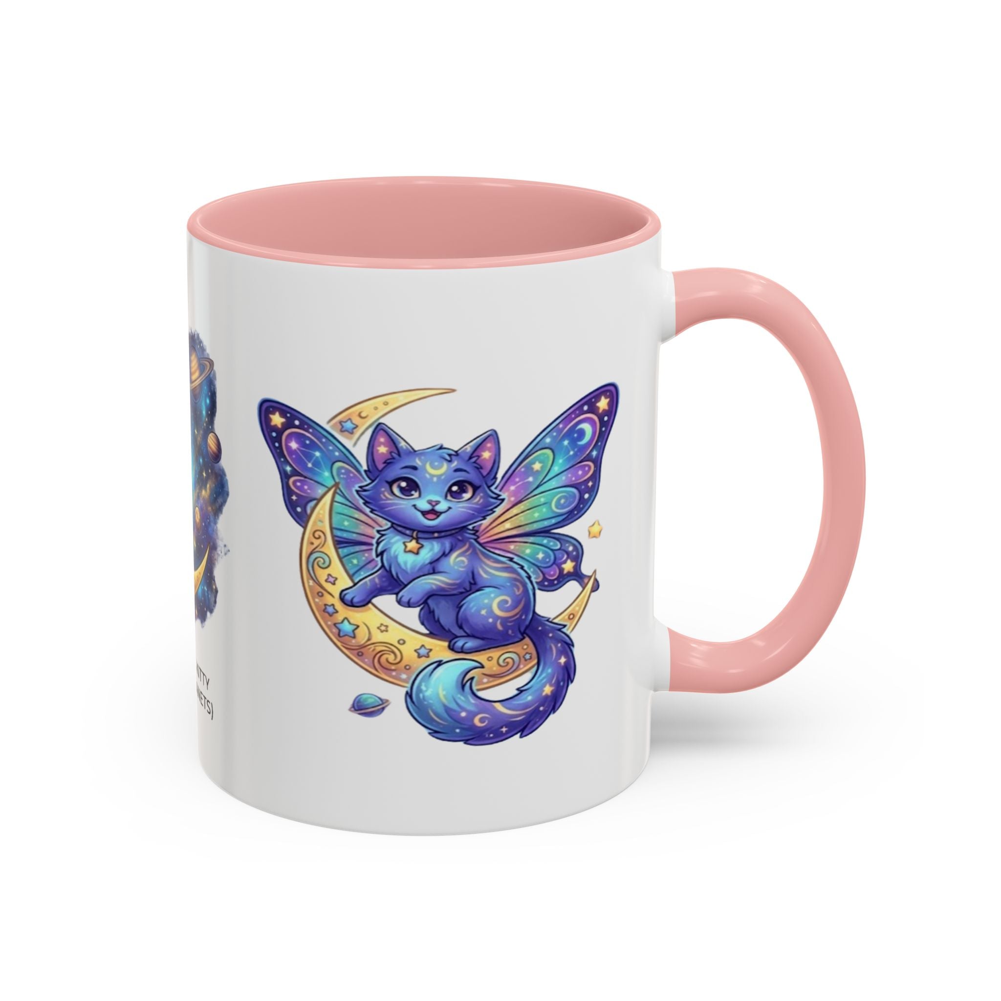 Cosmic Kitty Accent Coffee Mug — Magical Moon & Planets Cat Design (11/15oz)