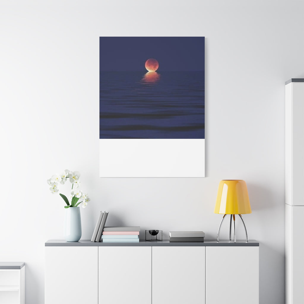 Lunar Reflection Canvas Art — Moonrise Over Calm Sea Stretched Matte Wall Art