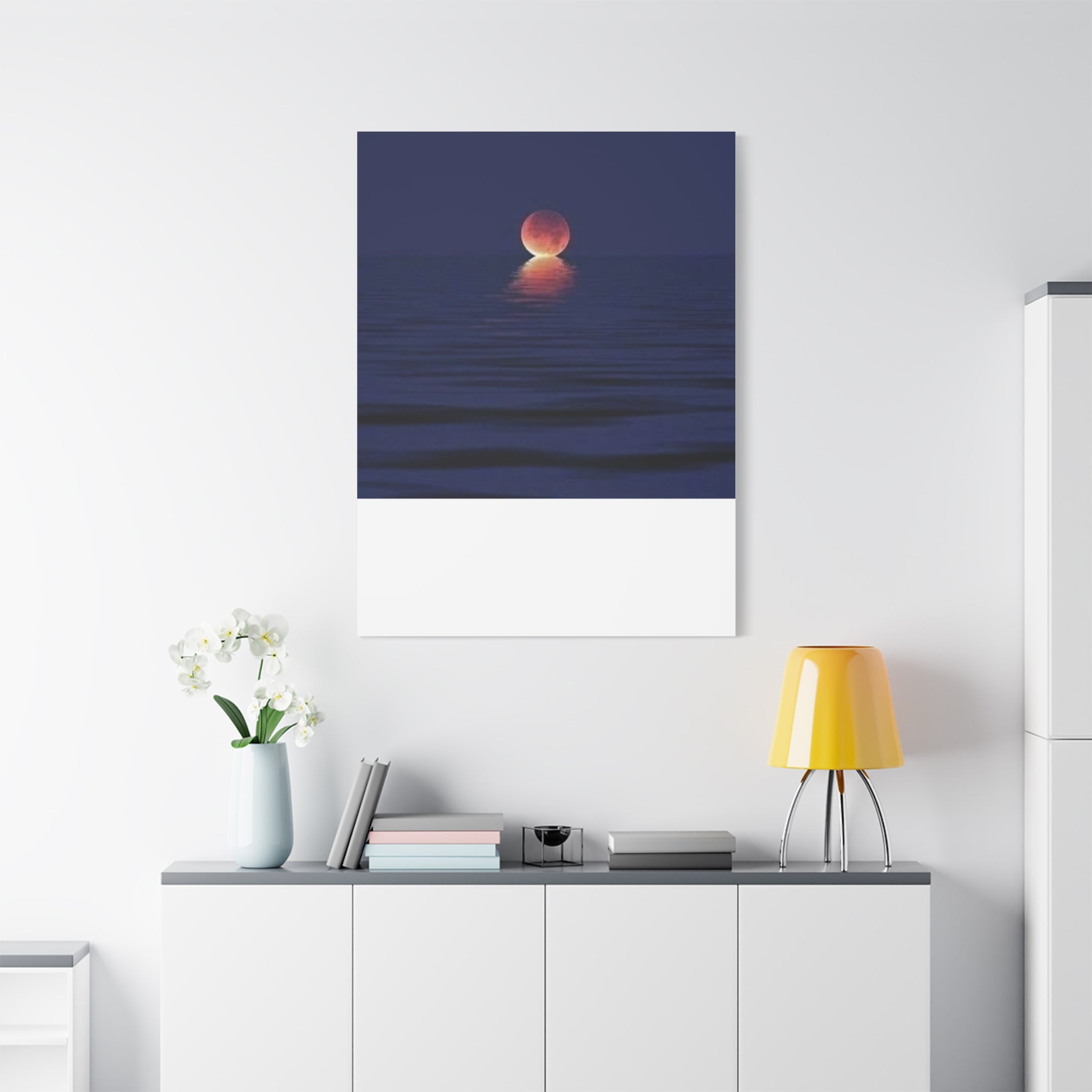 Lunar Reflection Canvas Art — Moonrise Over Calm Sea Stretched Matte Wall Art