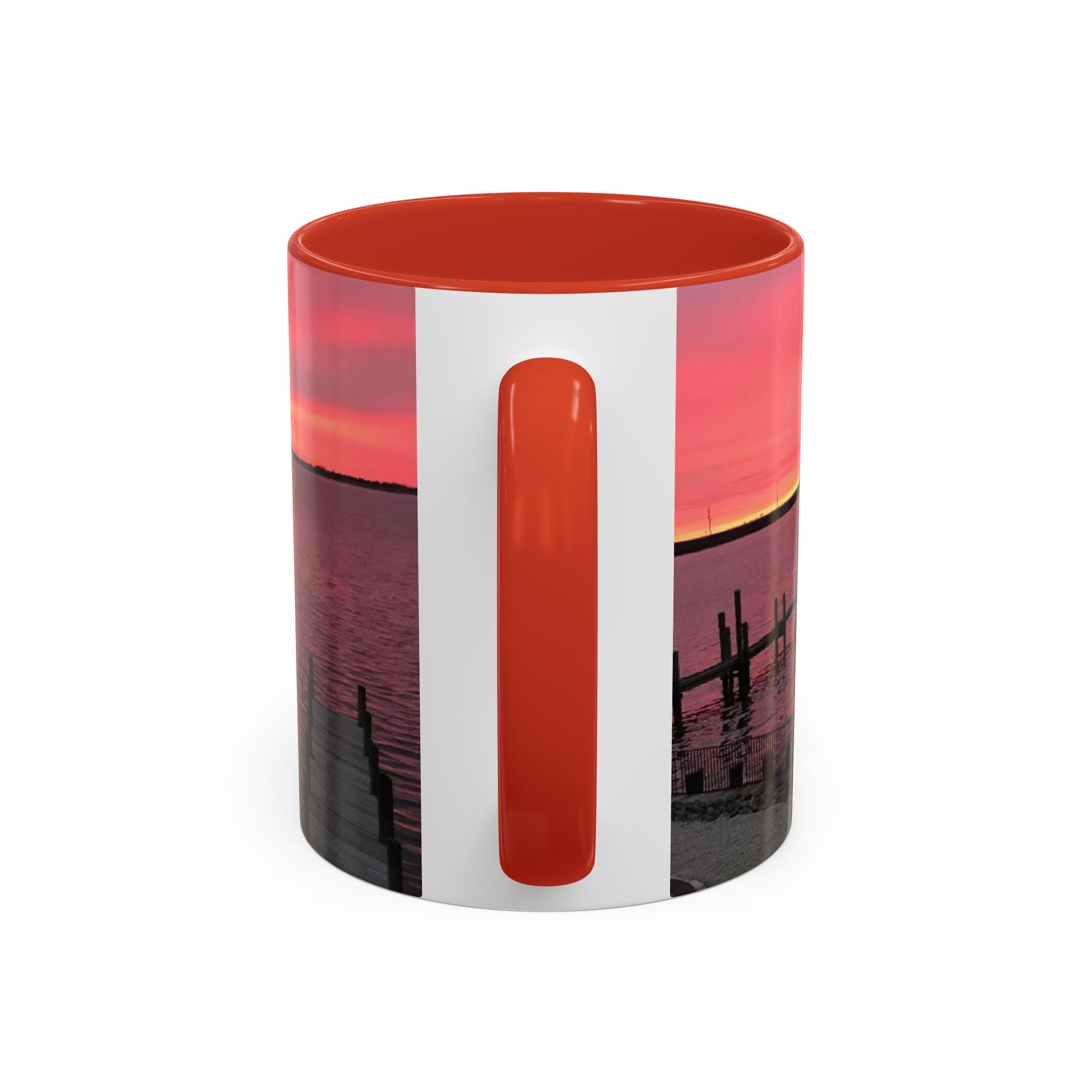 Sunset Harbor Accent Coffee Mug — Pink Sunrise Dock Scene (11/15oz)