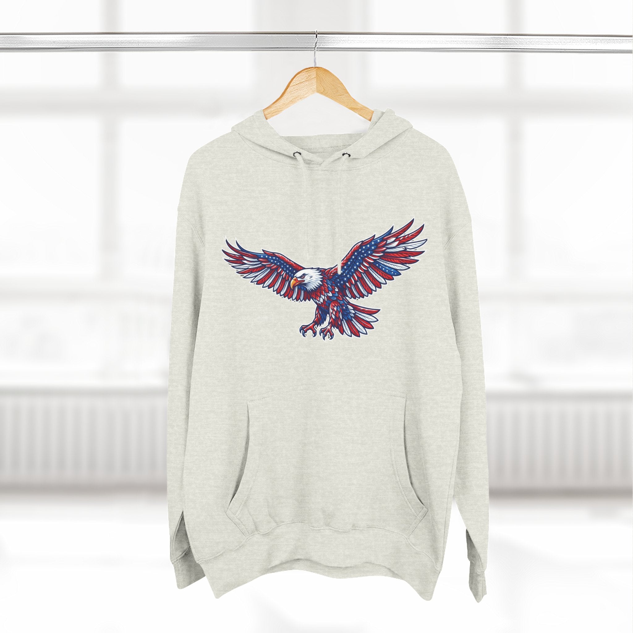 Eagle Flight Hoodie — Patriotic Red & Blue Soaring Eagle Graphic