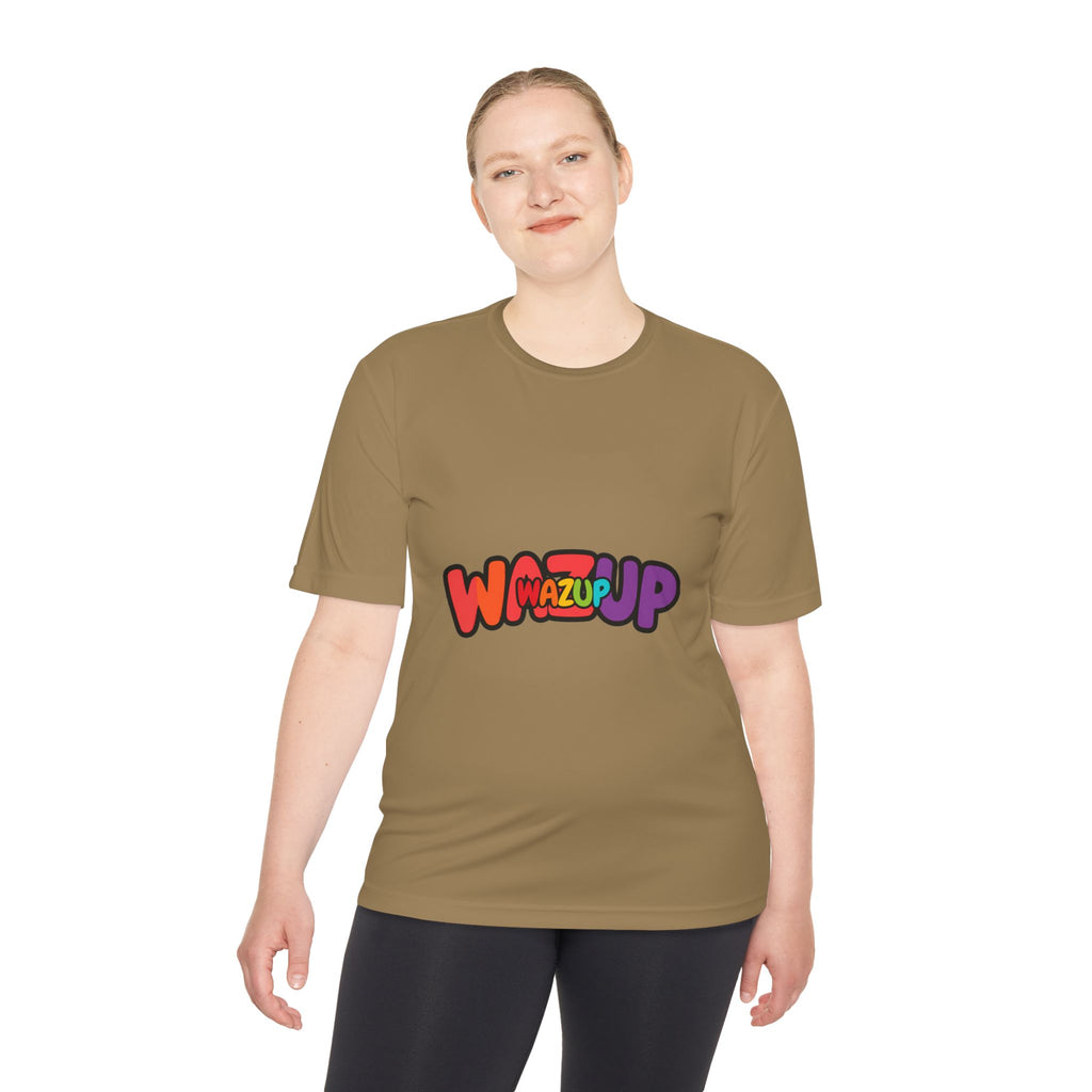 Wazup Colorblock Graphic Tee — Retro Pop 'Wazup' Moisture-Wicking Shirt