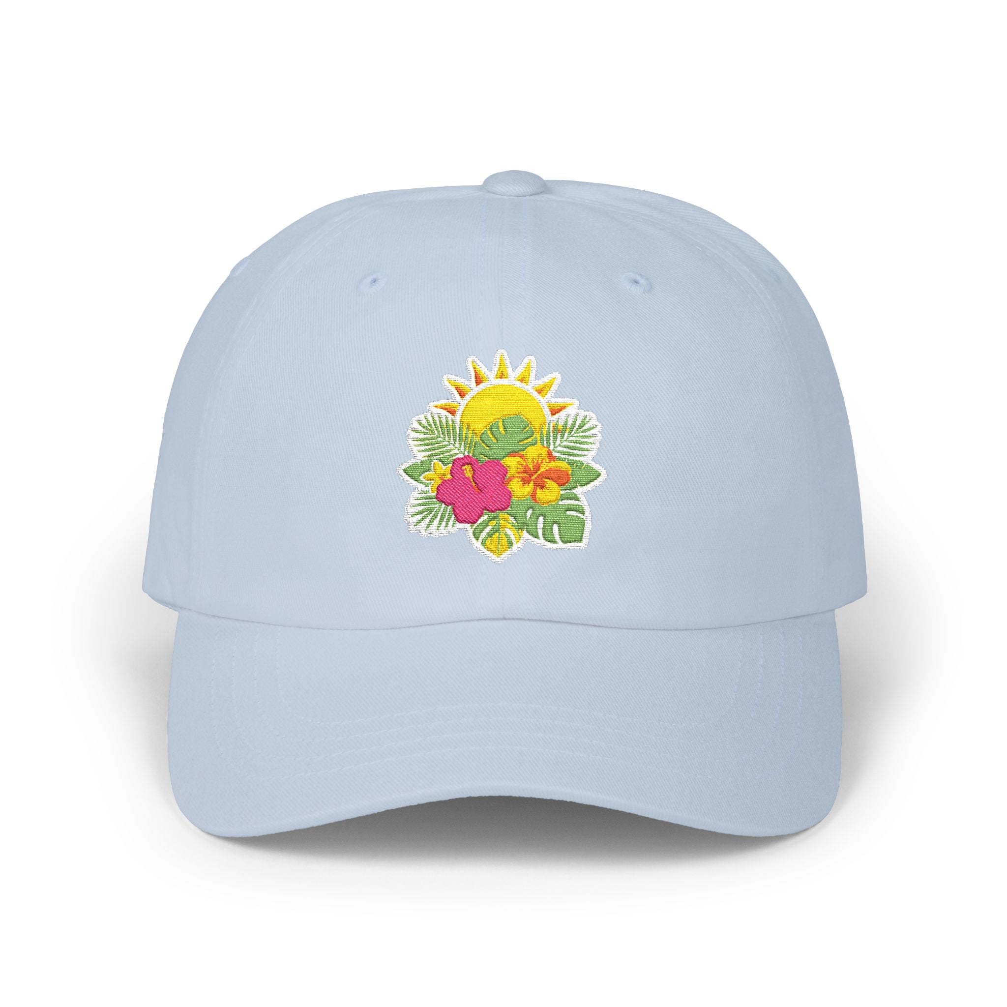 Floral Sunburst Dad Cap — Embroidered Sun & Hibiscus Baseball Hat