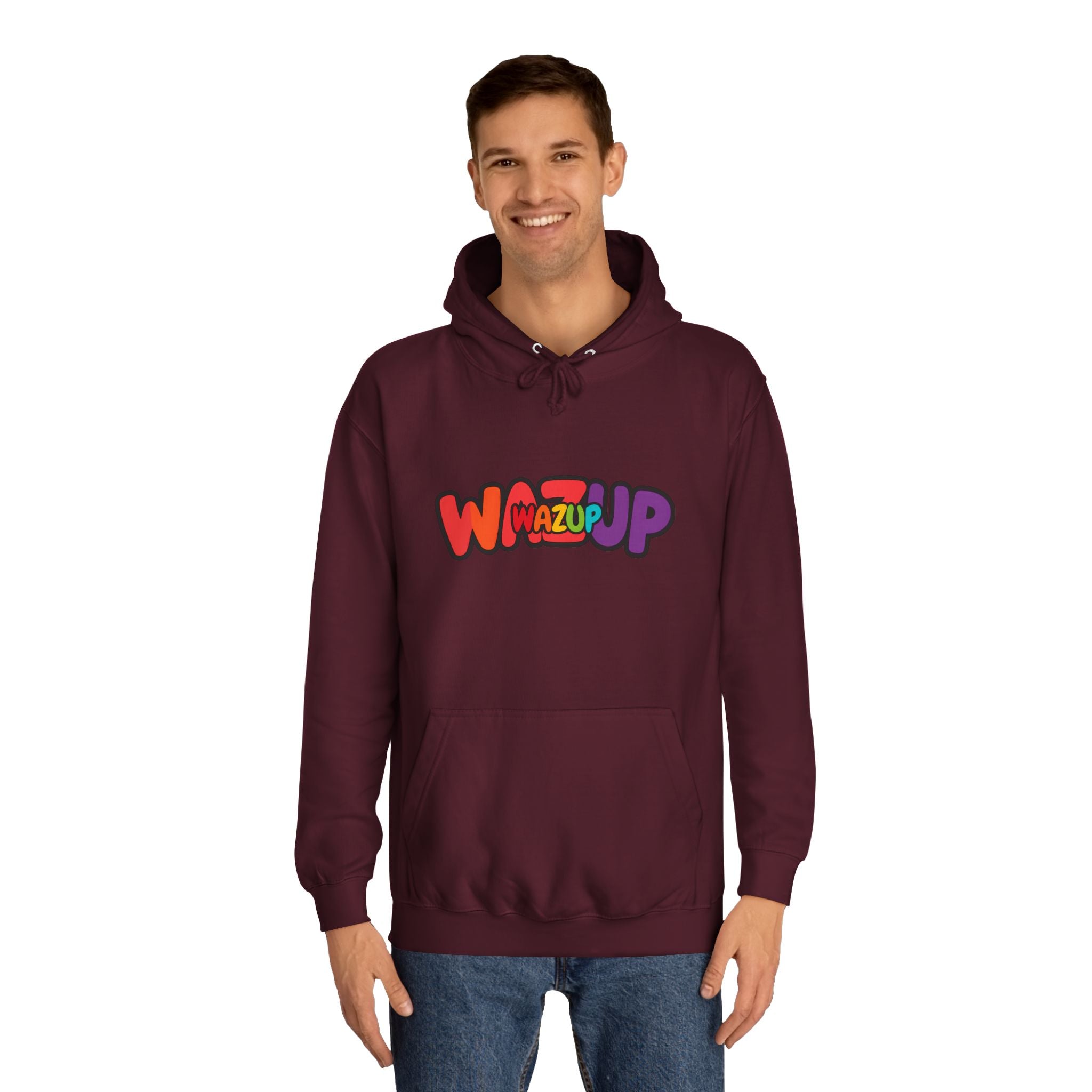 Wazup Colorburst Hoodie — Retro Bubble Letter Graphic Hooded Sweatshirt