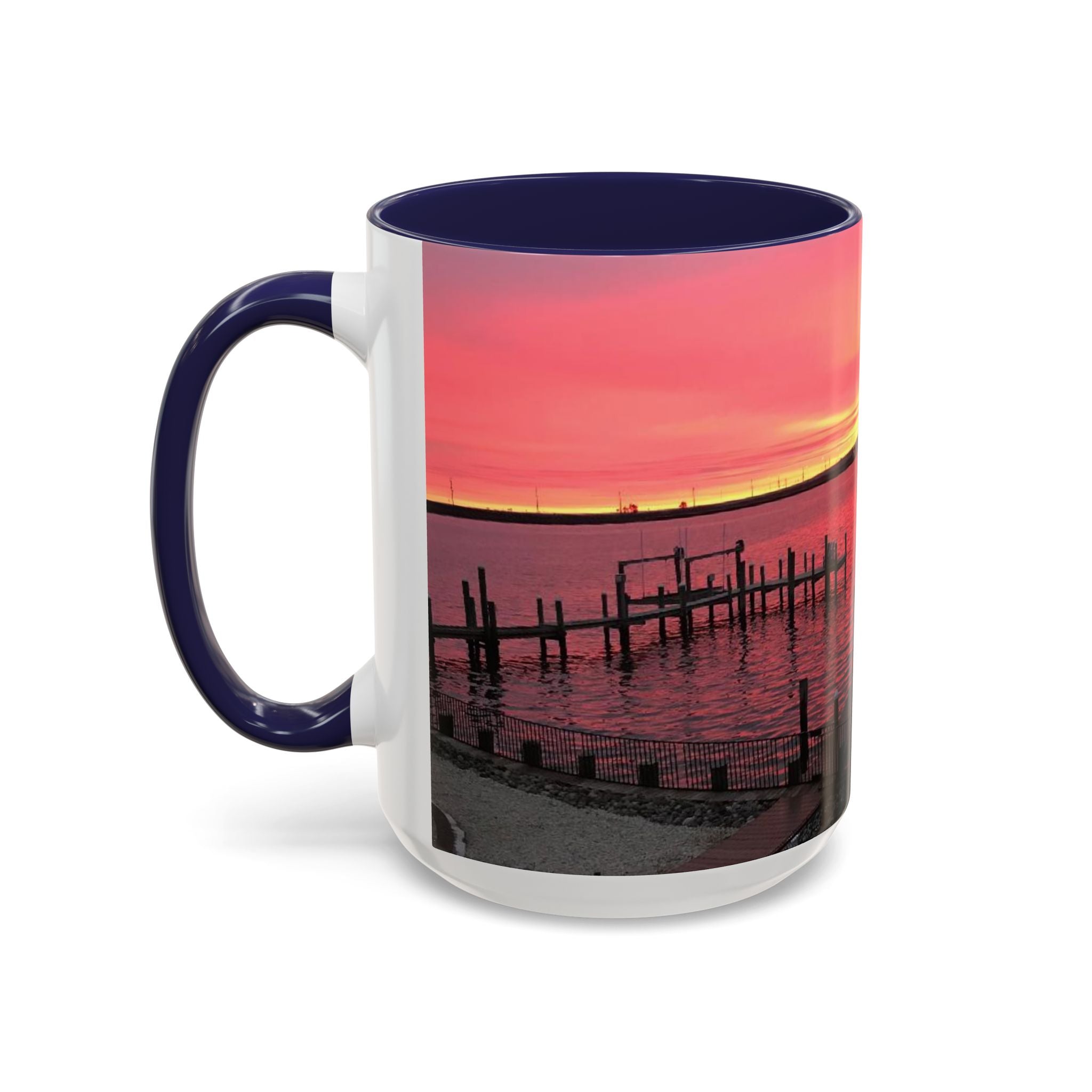 Sunset Harbor Accent Coffee Mug — Pink Sunrise Dock Scene (11/15oz)