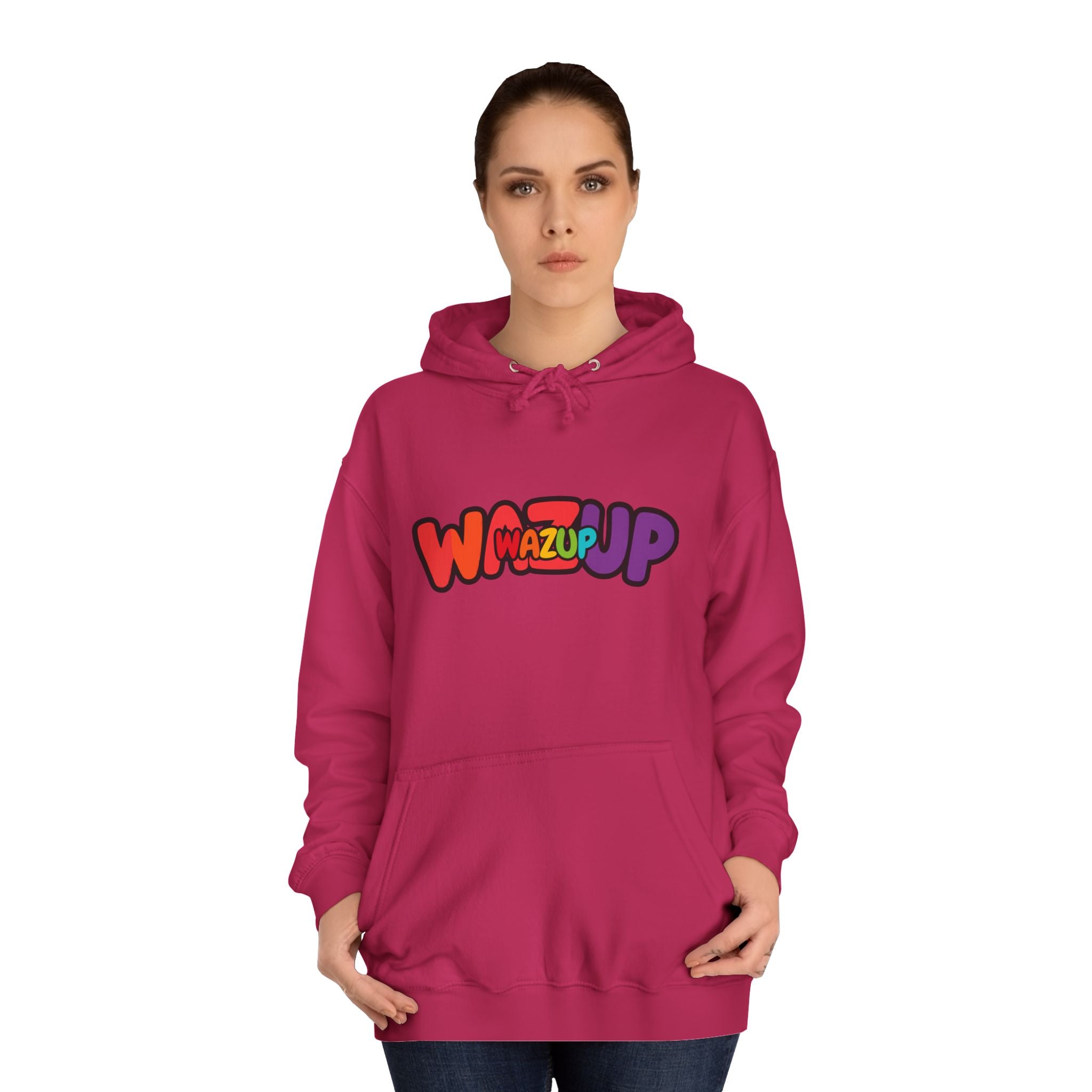 Wazup Colorburst Hoodie — Retro Bubble Letter Graphic Hooded Sweatshirt