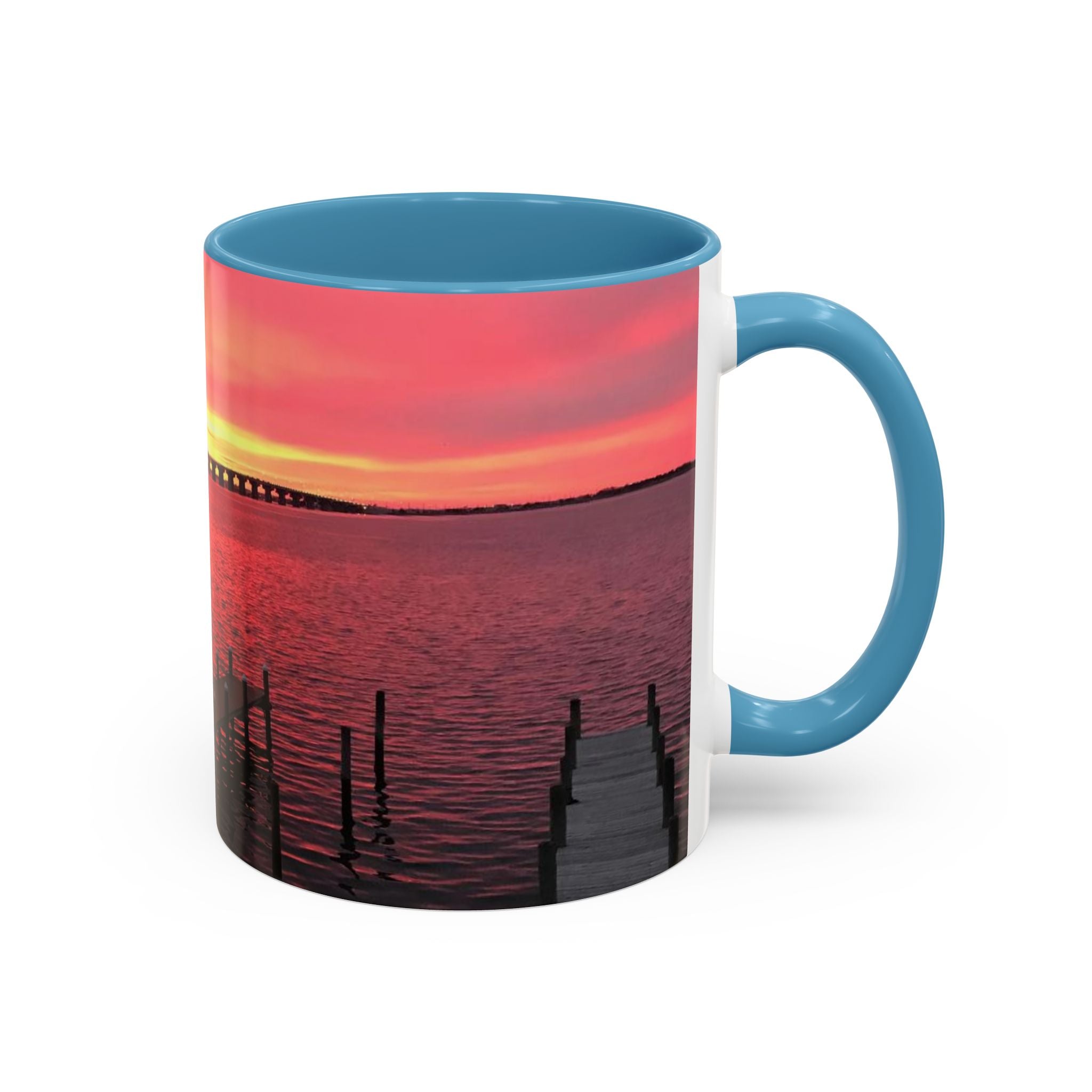 Sunset Harbor Accent Coffee Mug — Pink Sunrise Dock Scene (11/15oz)
