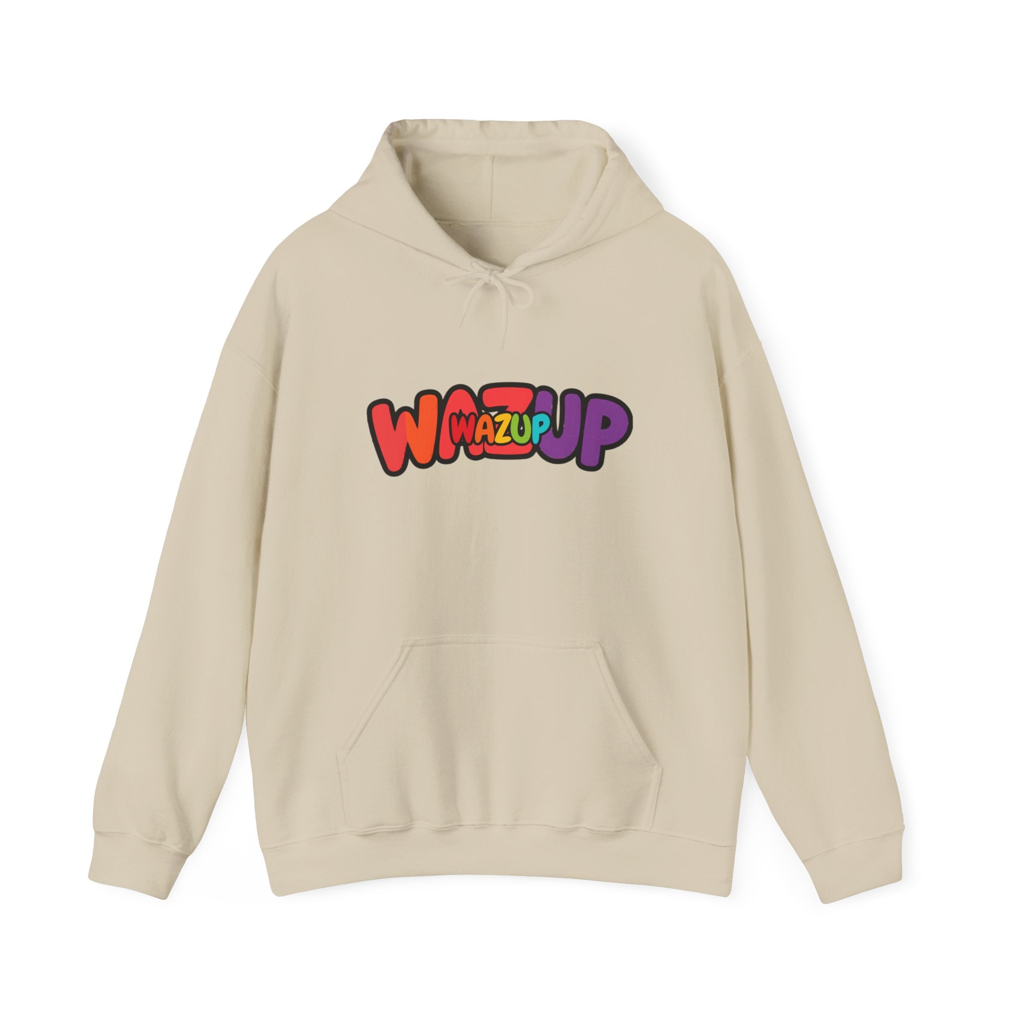 Wazup Rainbow Logo Hoodie — Colorful Retro Graphic Sweatshirt