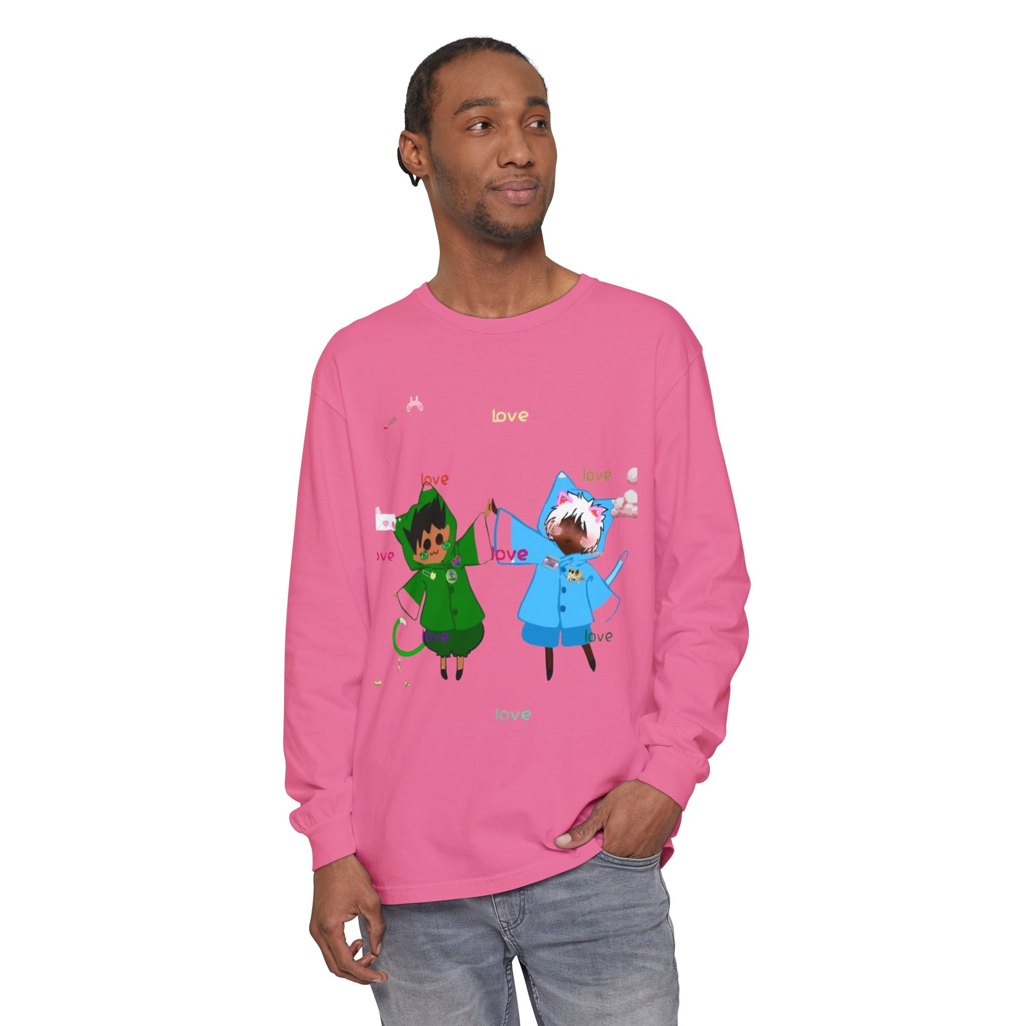 Cute Rainbow Cats Holding Hands Long Sleeve Tee – "Love" Graphic
