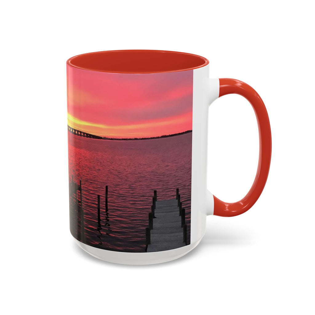 Sunset Harbor Accent Coffee Mug — Pink Sunrise Dock Scene (11/15oz)