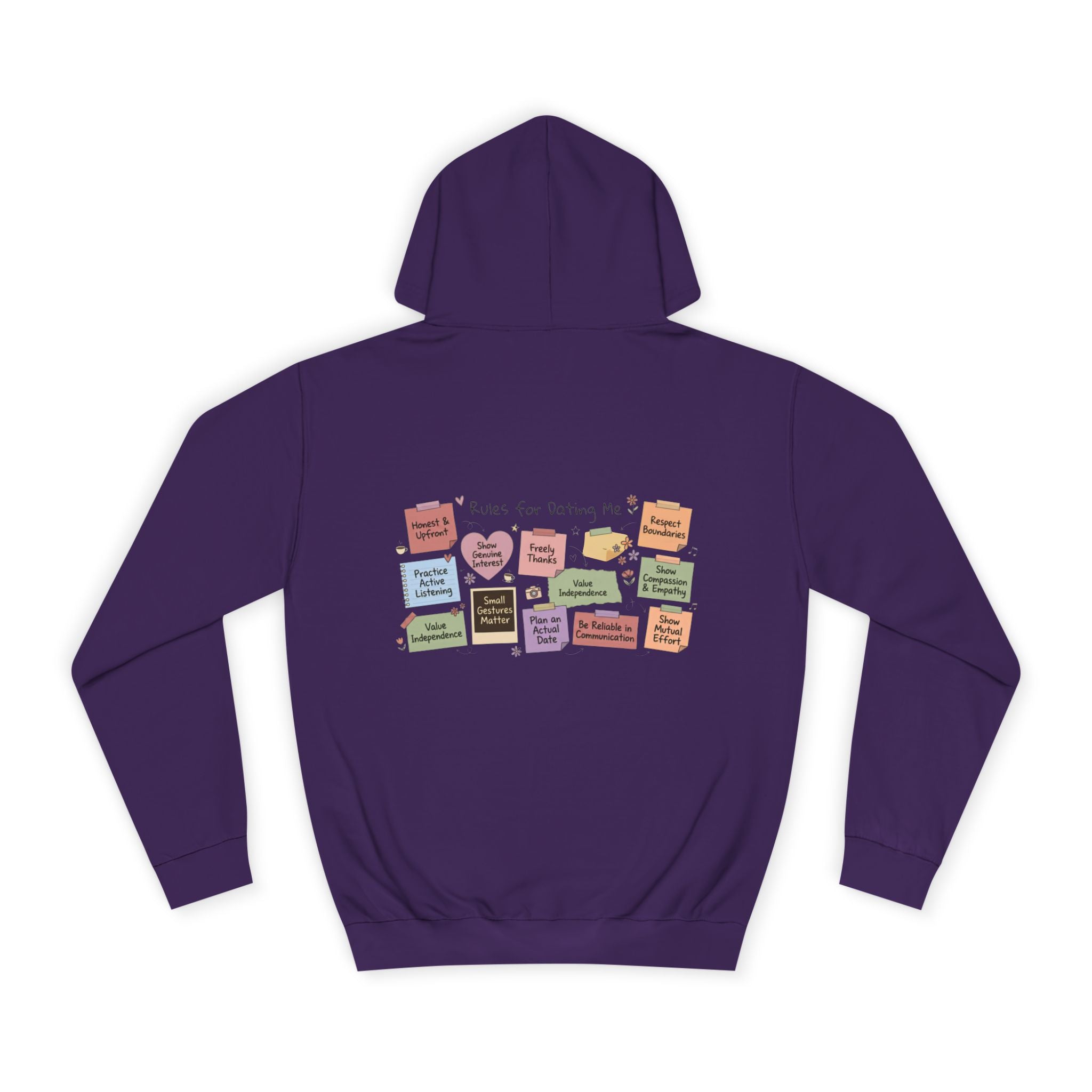 College Hoodie — Retro Sticky Notes Back Print, Cute Study Vibes