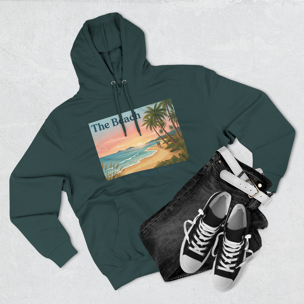 Beach Sunset Hoodie – "The Beach is My Happy Place" Coastal Palm Pullover
