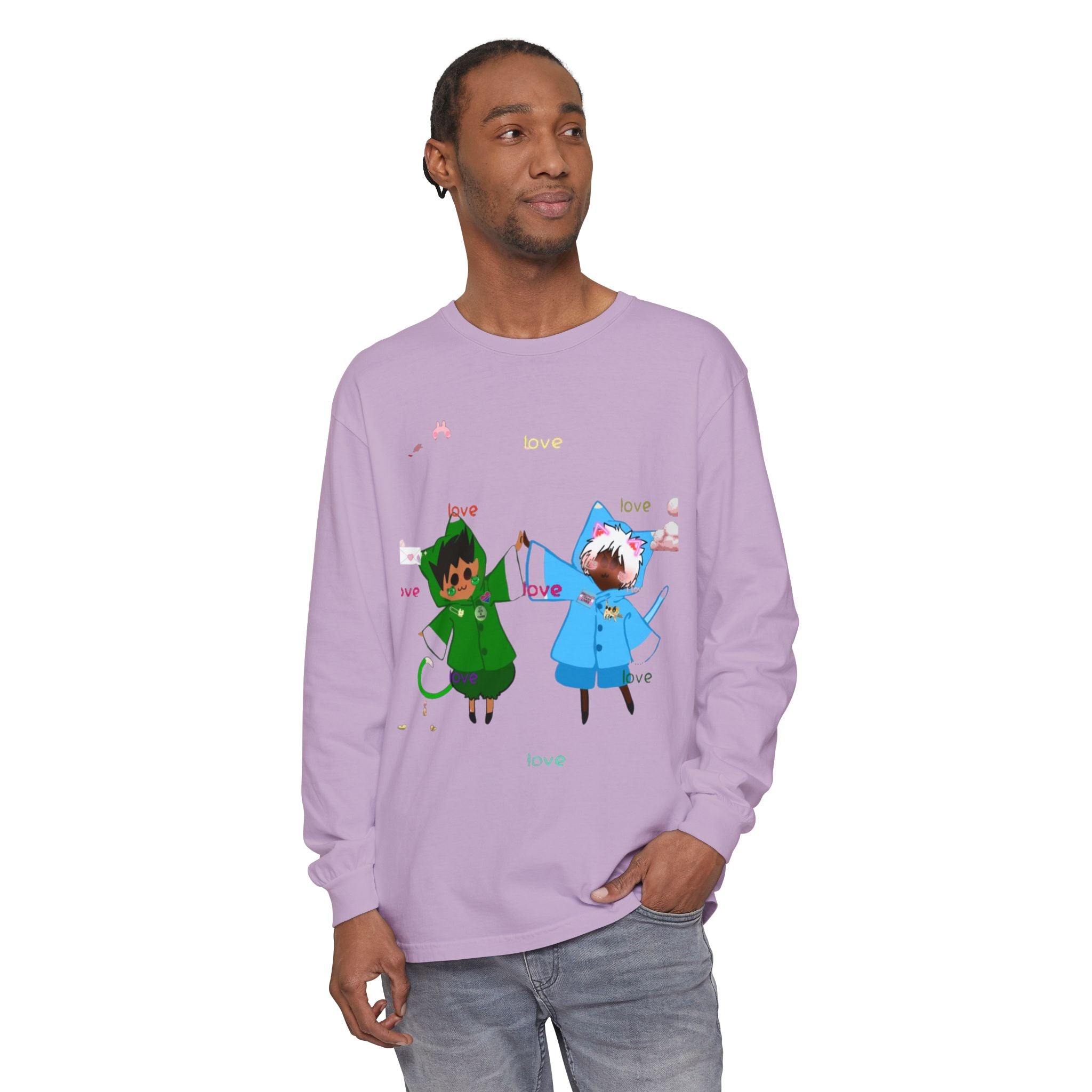Cute Rainbow Cats Holding Hands Long Sleeve Tee – "Love" Graphic