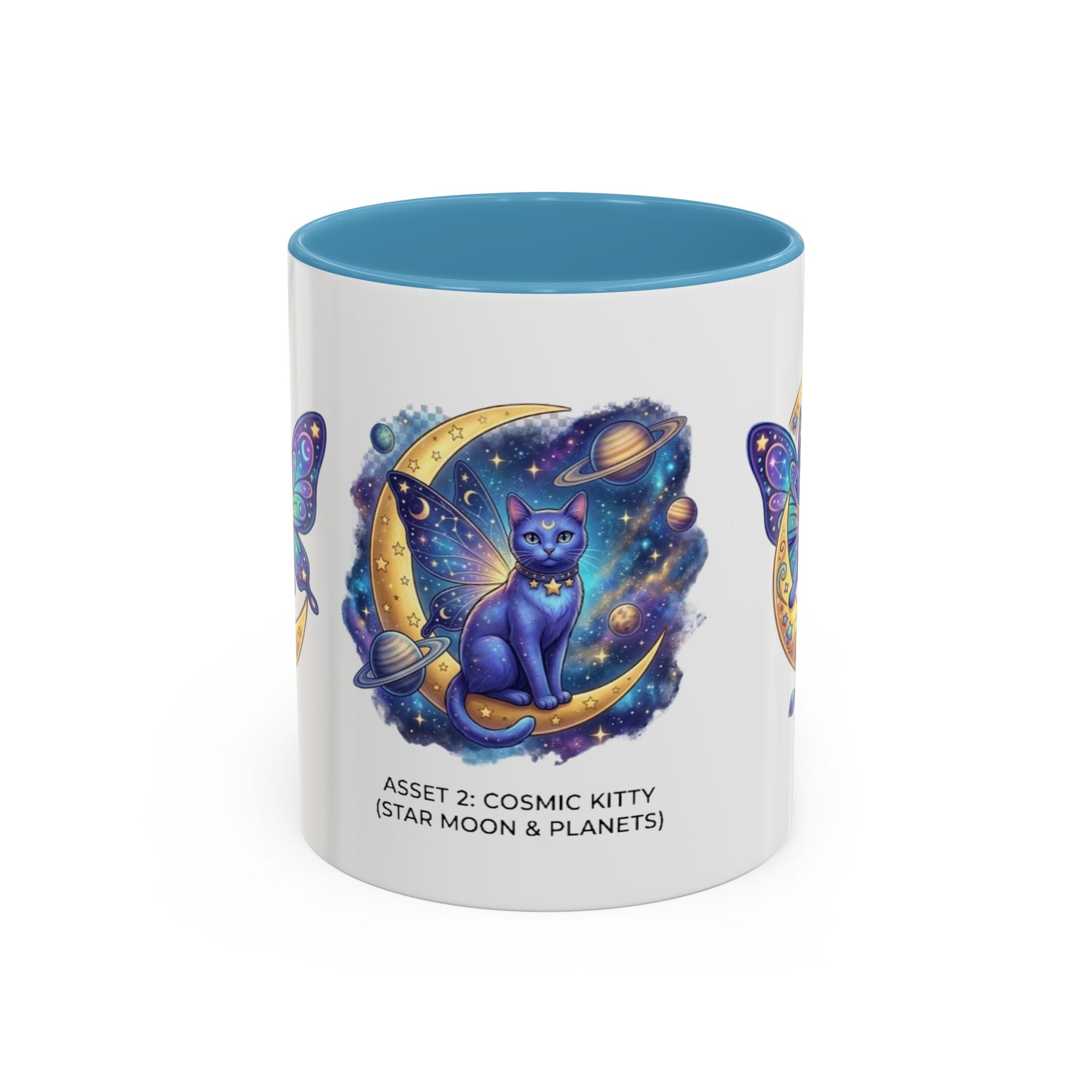 Cosmic Kitty Accent Coffee Mug — Magical Moon & Planets Cat Design (11/15oz)