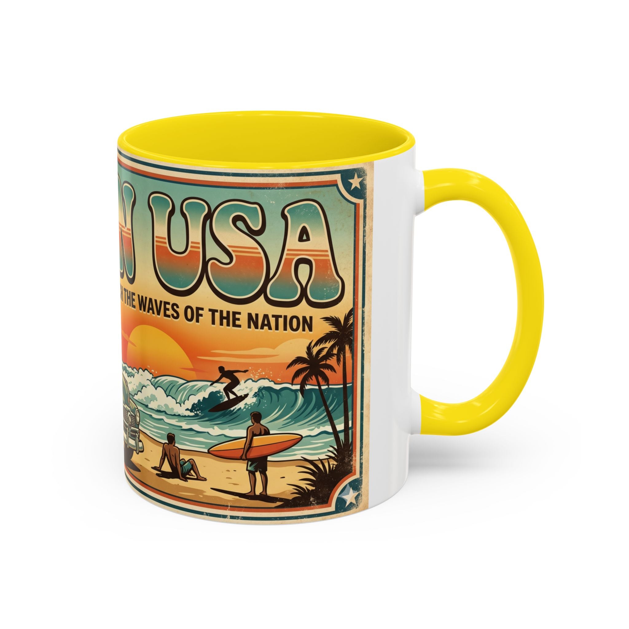 Surfing USA Coffee Mug — Retro Beach Vintage Surfboard Sunset Design