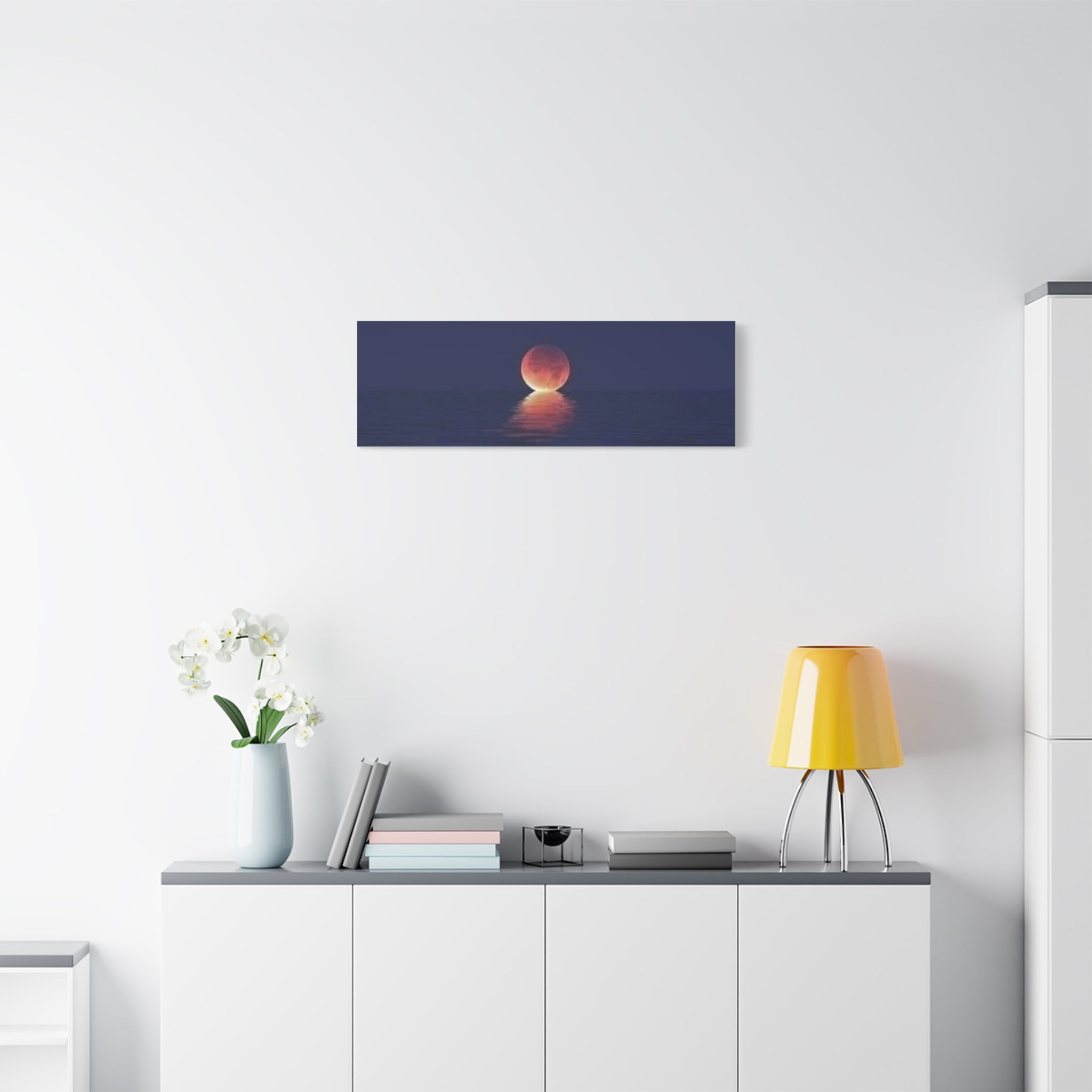 Lunar Reflection Canvas Art — Moonrise Over Calm Sea Stretched Matte Wall Art