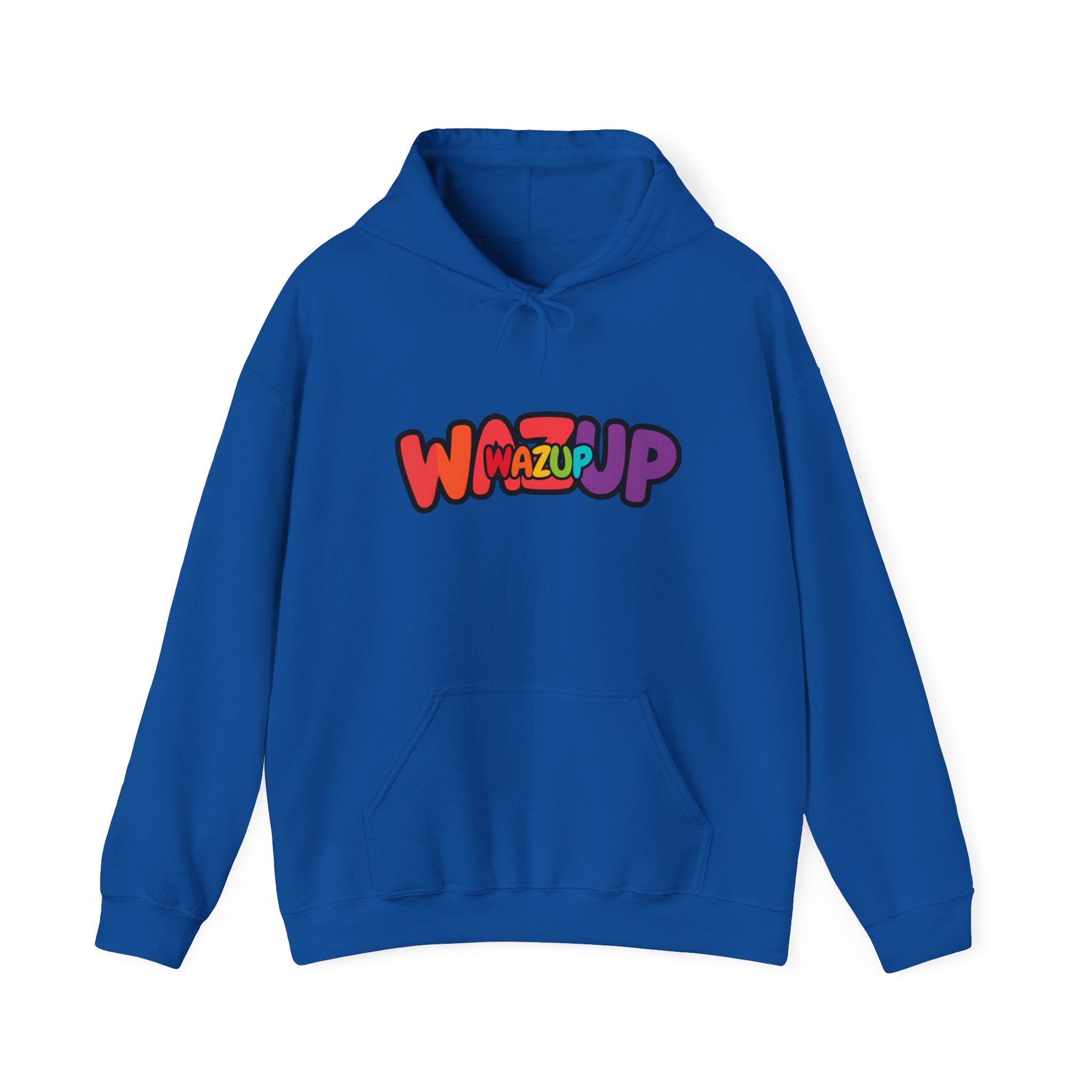 Wazup Rainbow Logo Hoodie — Colorful Retro Graphic Sweatshirt
