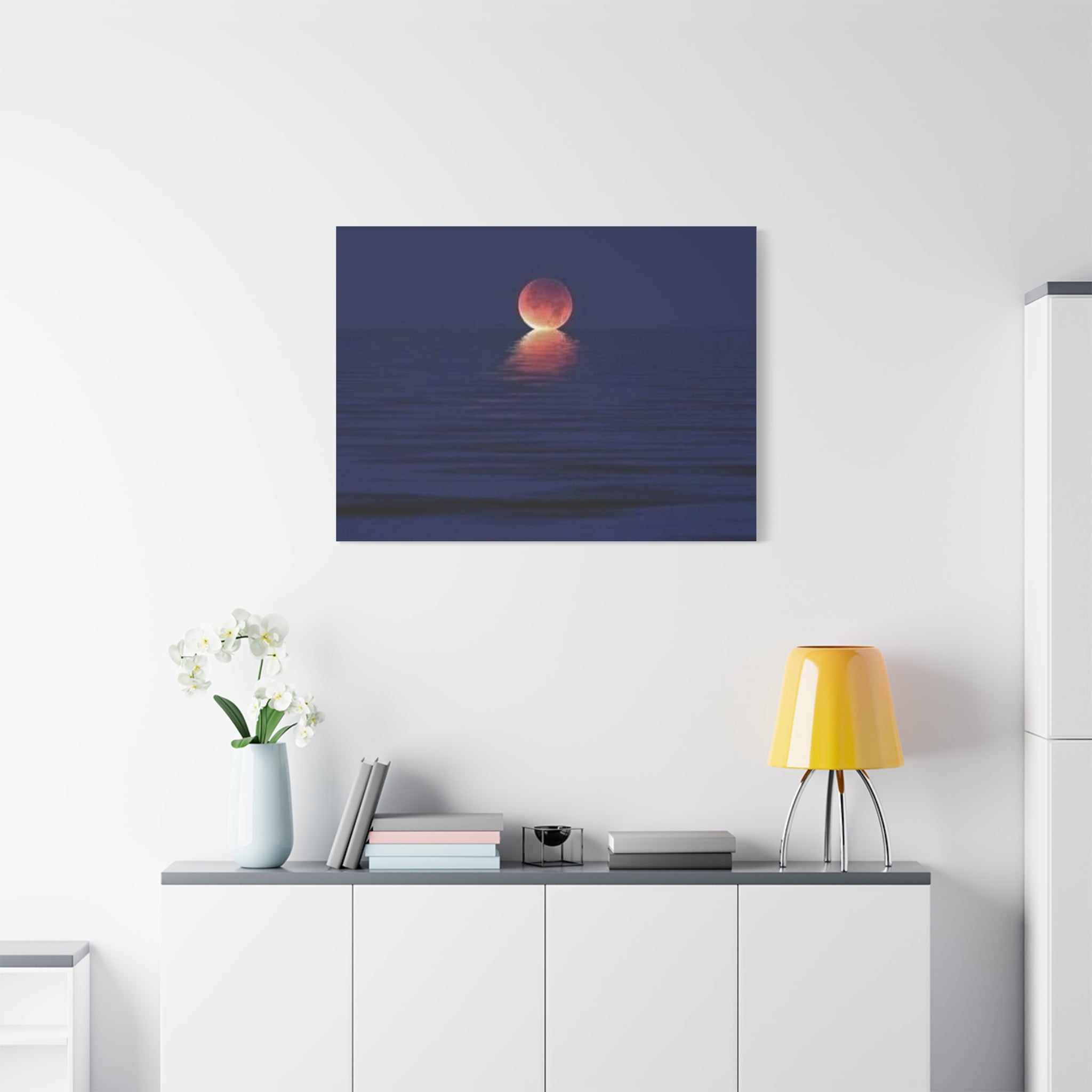 Lunar Reflection Canvas Art — Moonrise Over Calm Sea Stretched Matte Wall Art
