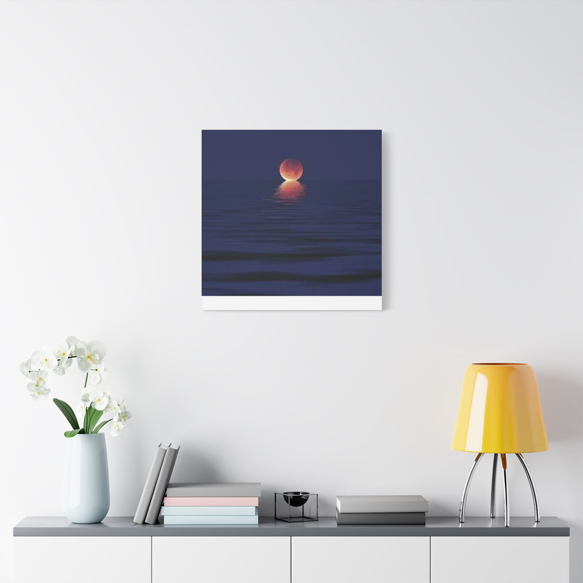 Lunar Reflection Canvas Art — Moonrise Over Calm Sea Stretched Matte Wall Art