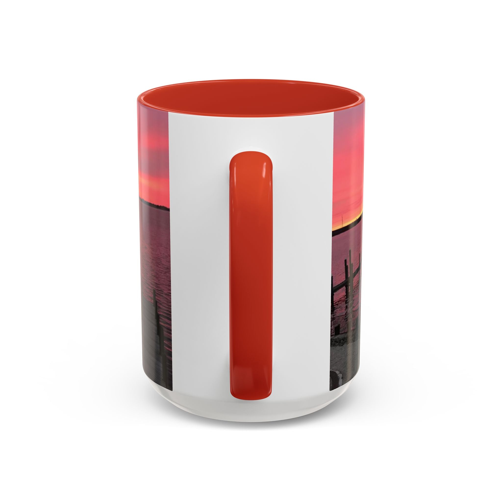 Sunset Harbor Accent Coffee Mug — Pink Sunrise Dock Scene (11/15oz)