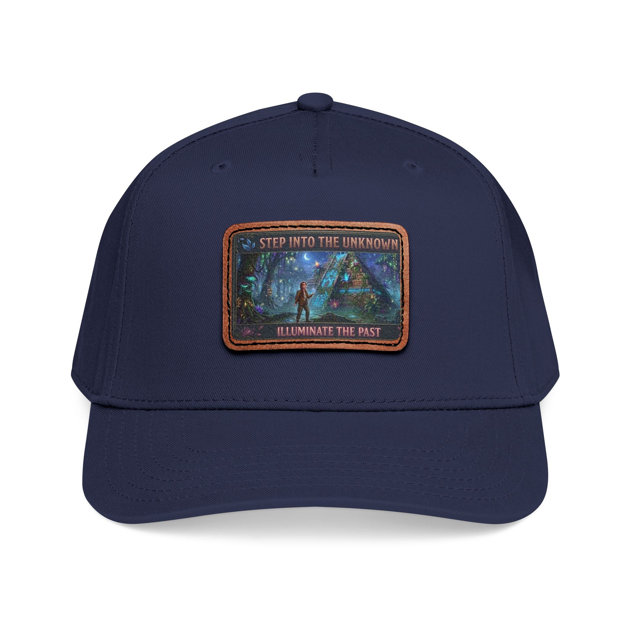 Leather Patch Baseball Cap — "Step Into the Unknown, Illuminate the Past" Forest Adventure Design