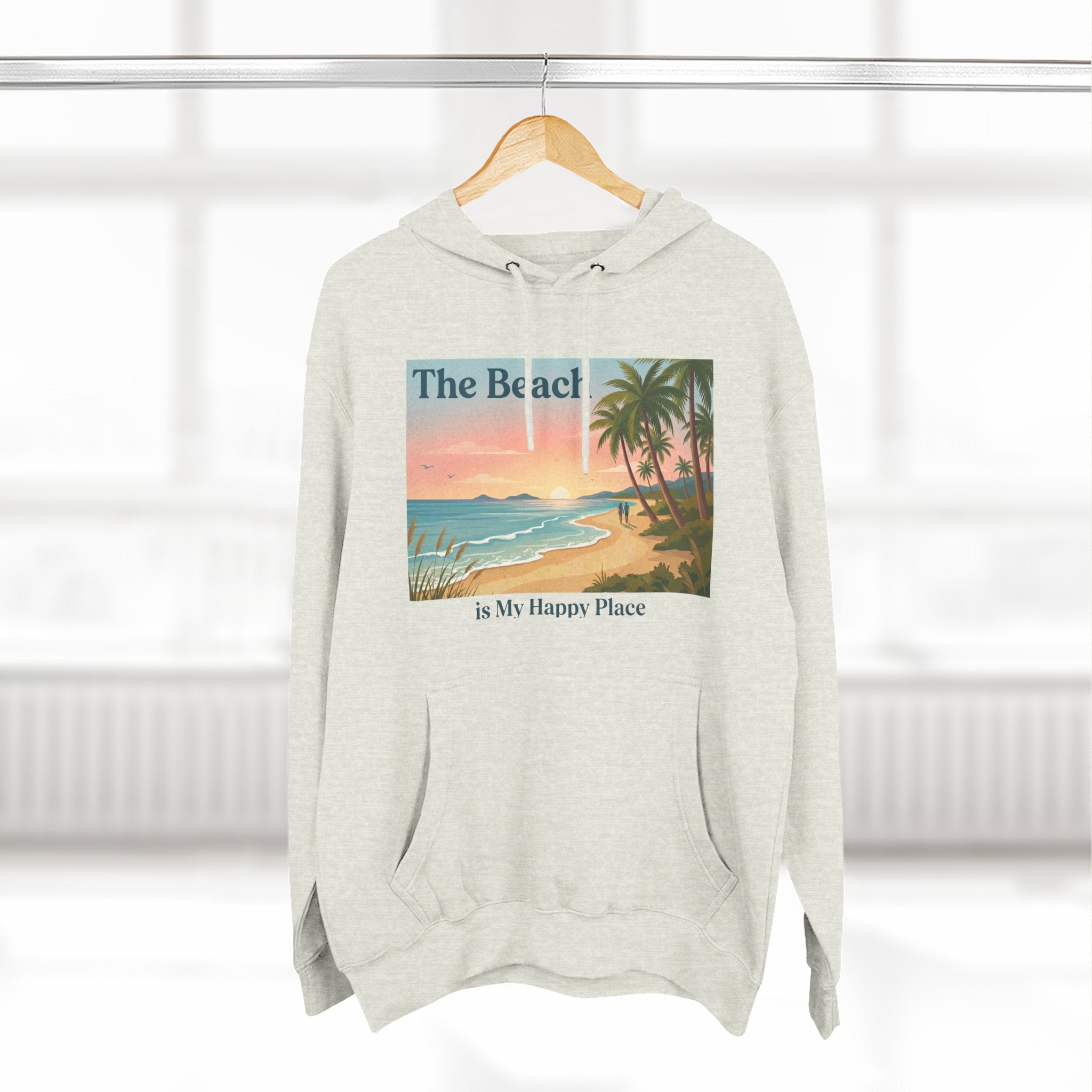 Beach Sunset Hoodie – "The Beach is My Happy Place" Coastal Palm Pullover