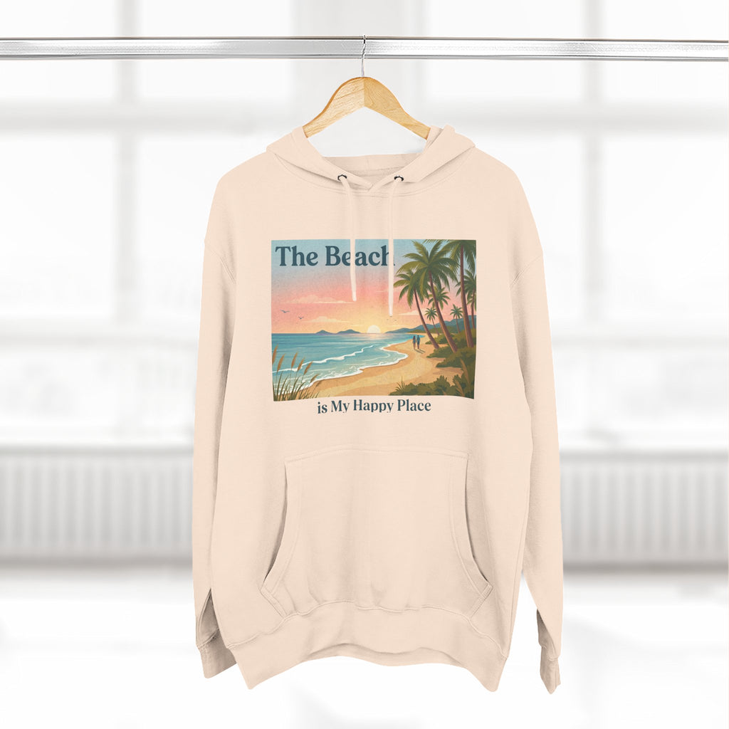 Beach Sunset Hoodie – "The Beach is My Happy Place" Coastal Palm Pullover