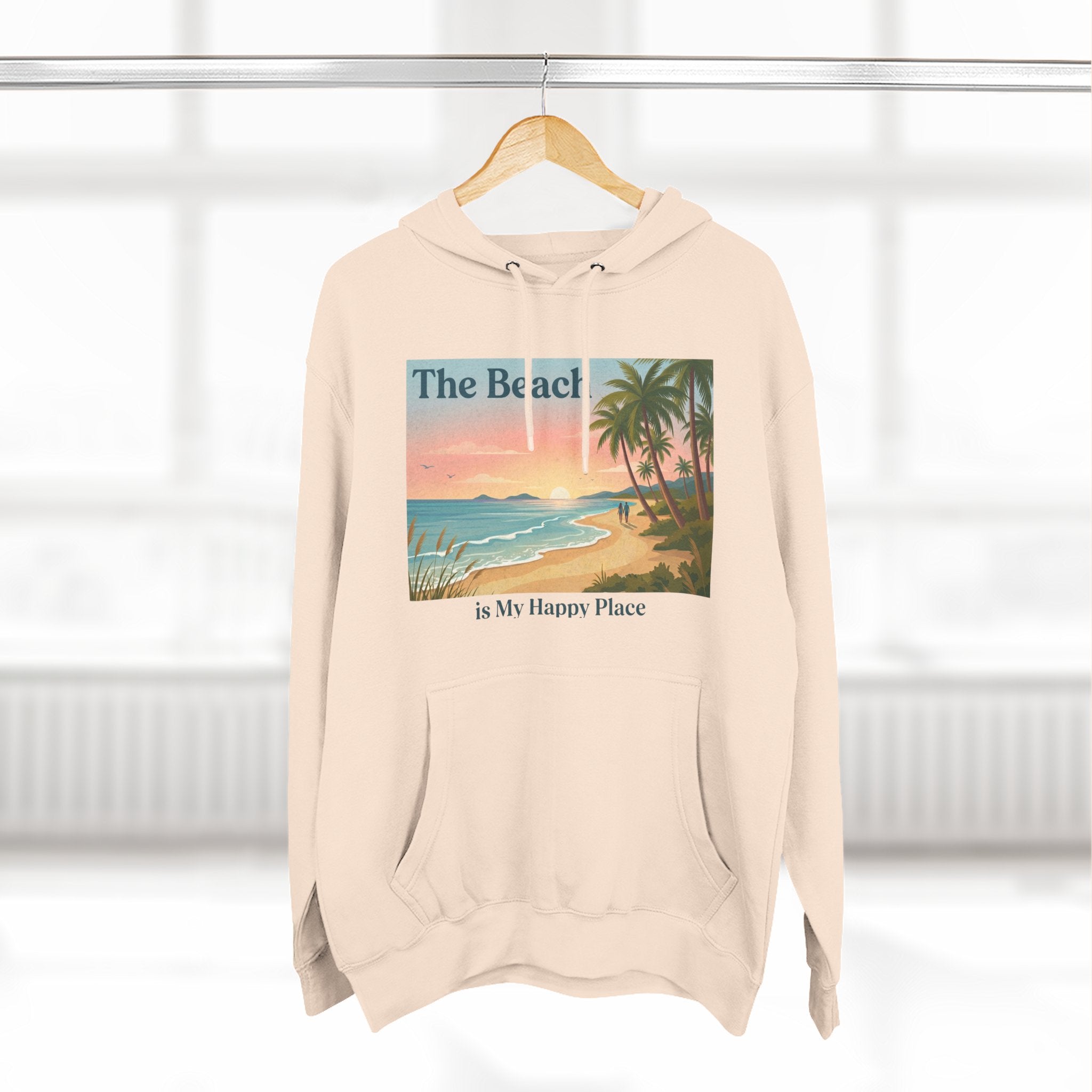 Beach Sunset Hoodie – "The Beach is My Happy Place" Coastal Palm Pullover