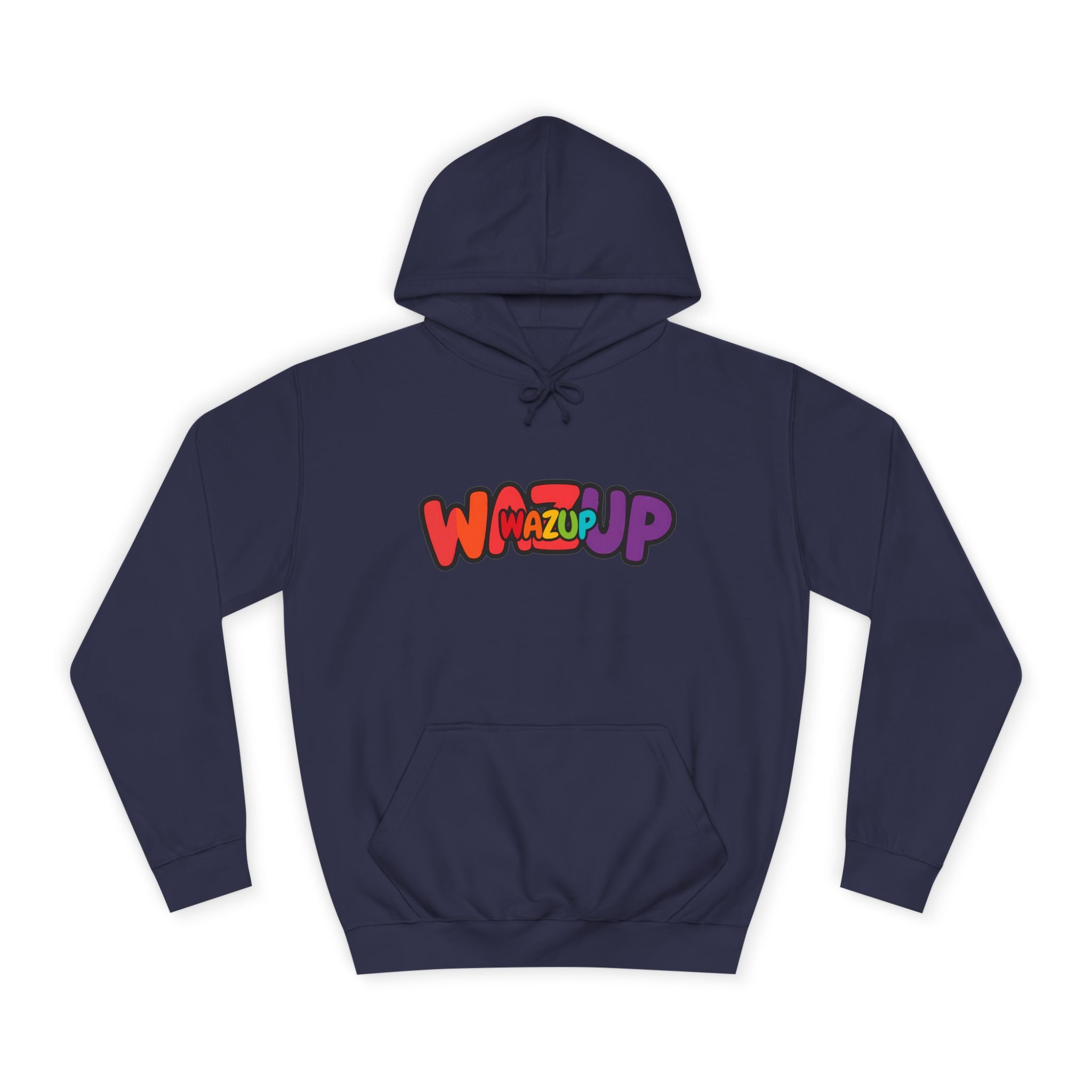 Wazup Colorburst Hoodie — Retro Bubble Letter Graphic Hooded Sweatshirt