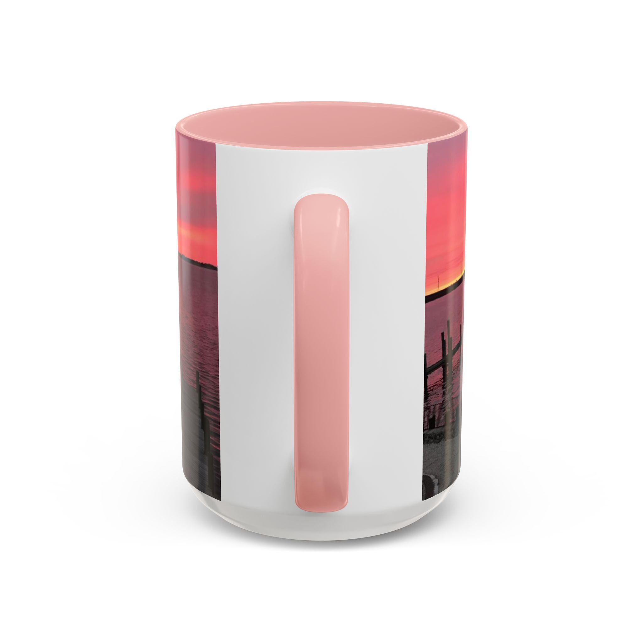 Sunset Harbor Accent Coffee Mug — Pink Sunrise Dock Scene (11/15oz)