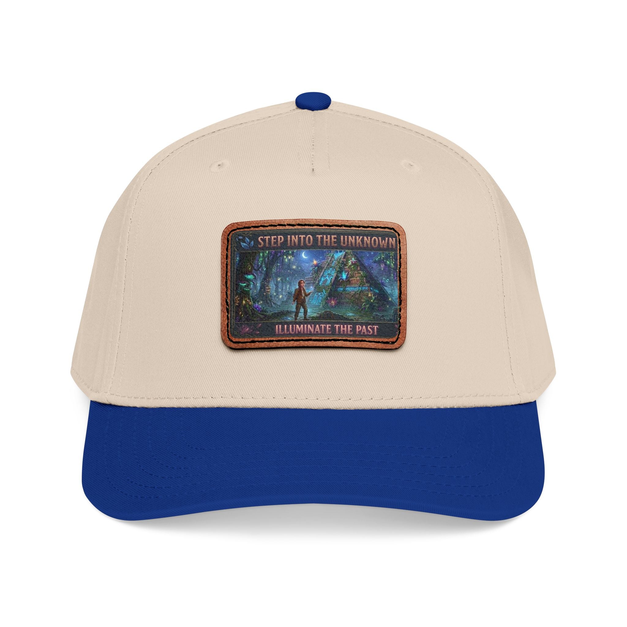 Leather Patch Baseball Cap — "Step Into the Unknown, Illuminate the Past" Forest Adventure Design