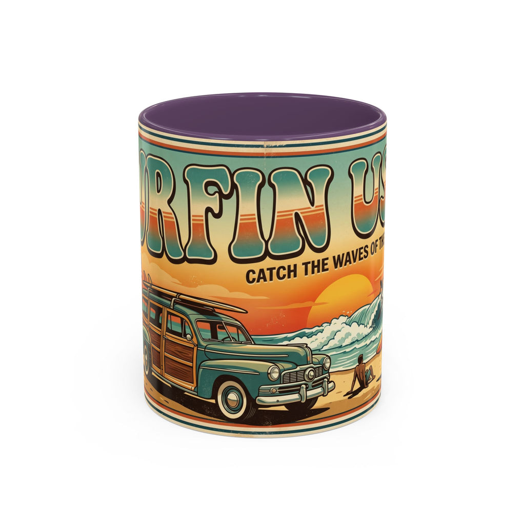 Surfing USA Coffee Mug — Retro Beach Vintage Surfboard Sunset Design