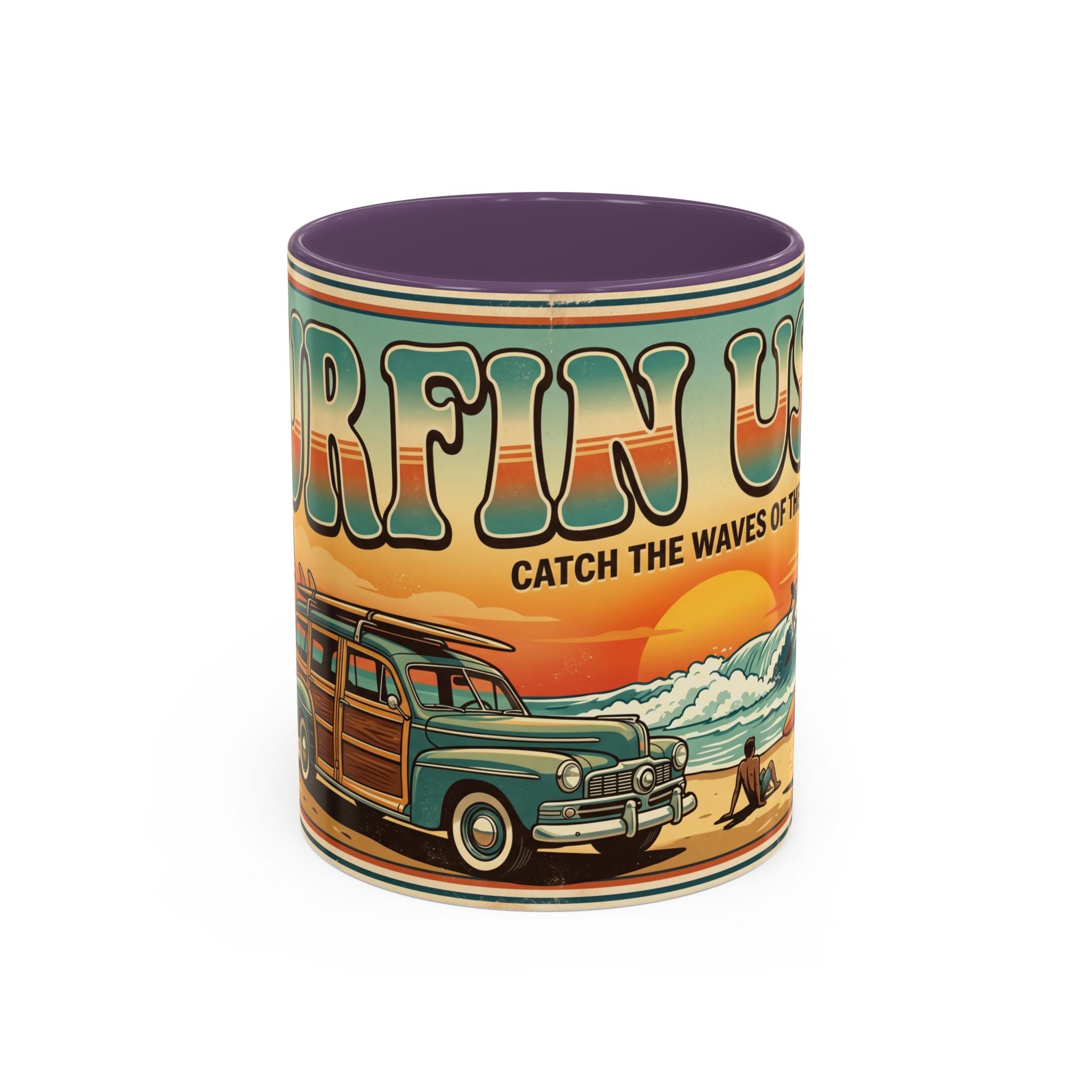 Surfing USA Coffee Mug — Retro Beach Vintage Surfboard Sunset Design