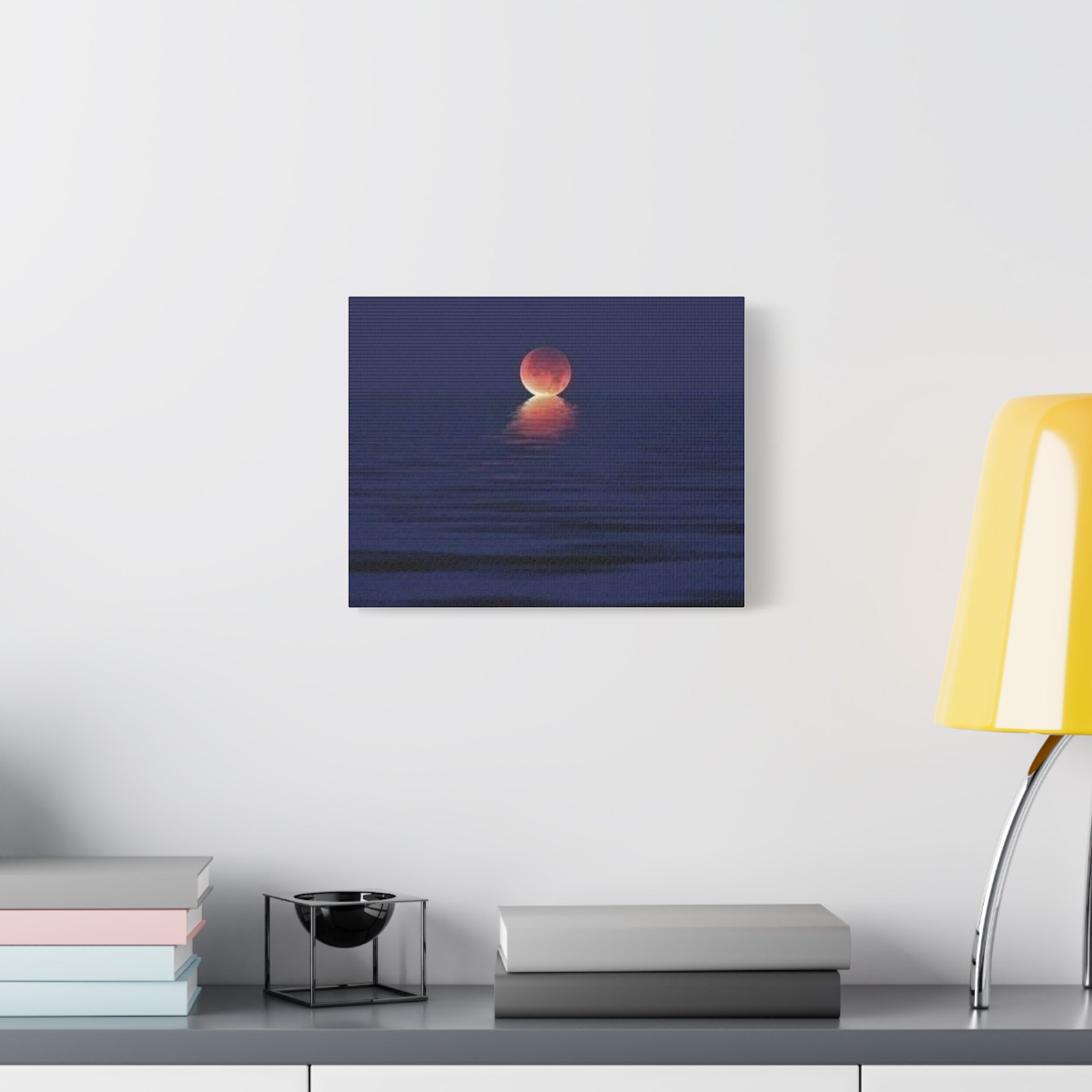 Lunar Reflection Canvas Art — Moonrise Over Calm Sea Stretched Matte Wall Art