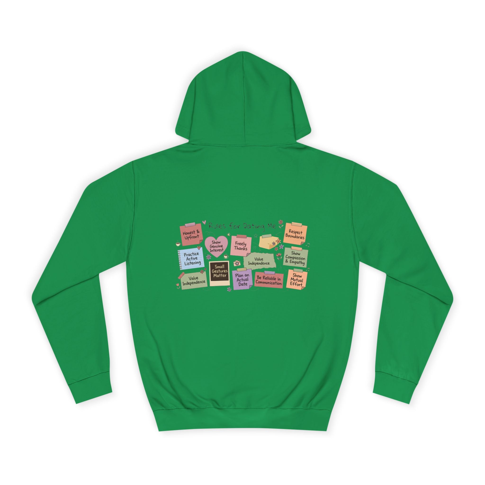 College Hoodie — Retro Sticky Notes Back Print, Cute Study Vibes