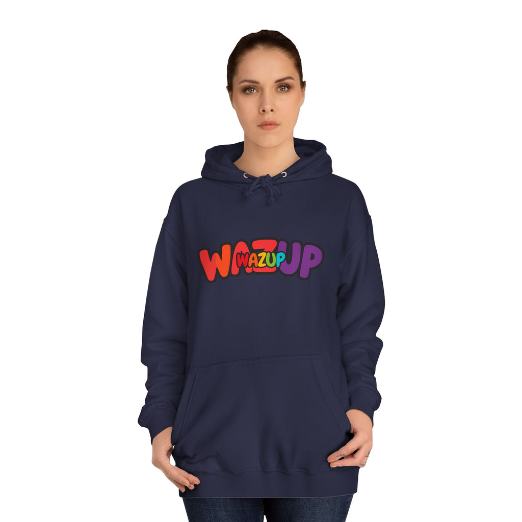 Wazup Colorburst Hoodie — Retro Bubble Letter Graphic Hooded Sweatshirt