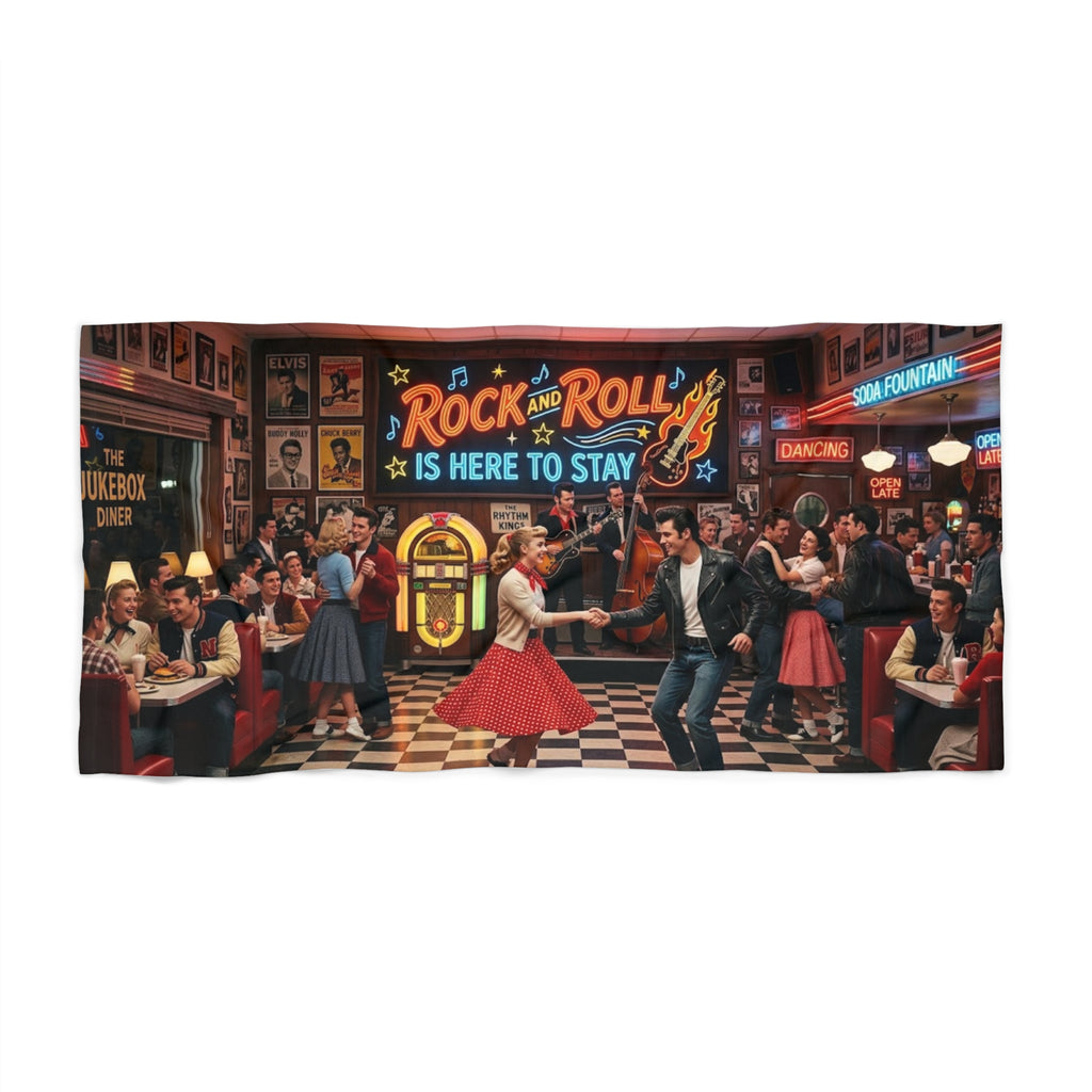 Rock & Roll Diner Beach Towel – 'Rock and Roll Is Here to Stay' Vintage 50s Dance Design