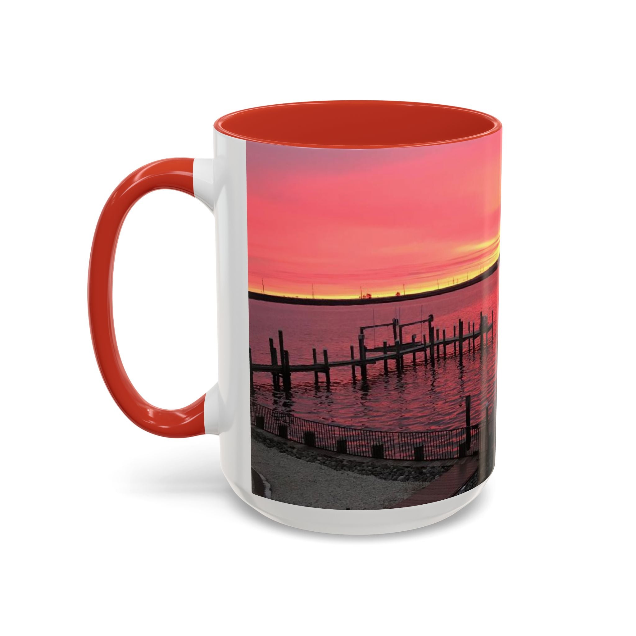 Sunset Harbor Accent Coffee Mug — Pink Sunrise Dock Scene (11/15oz)
