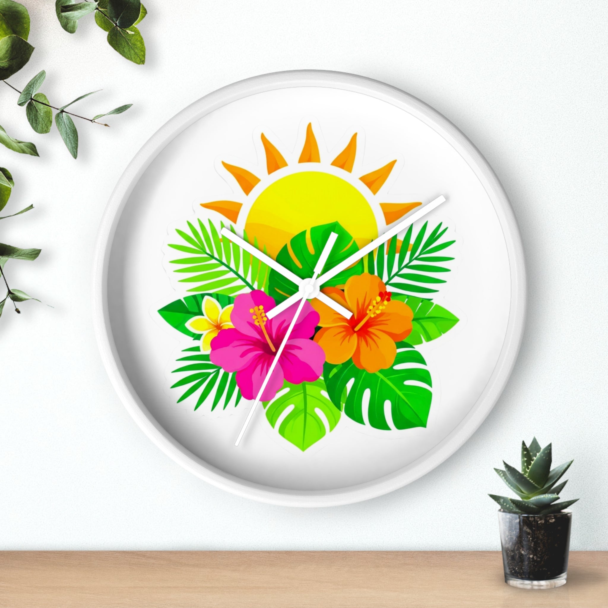 Tropical Hibiscus Wall Clock — Sunny Floral Decorative Clock