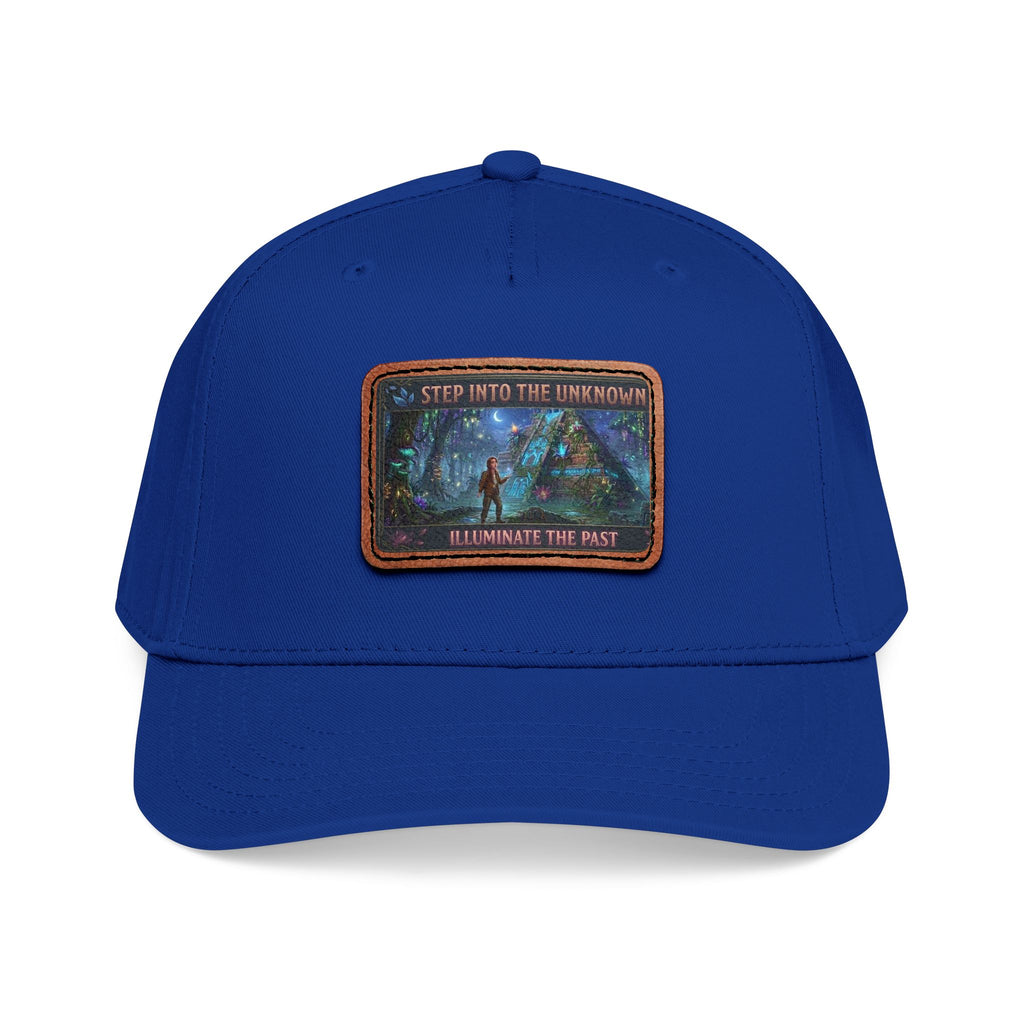 Leather Patch Baseball Cap — "Step Into the Unknown, Illuminate the Past" Forest Adventure Design