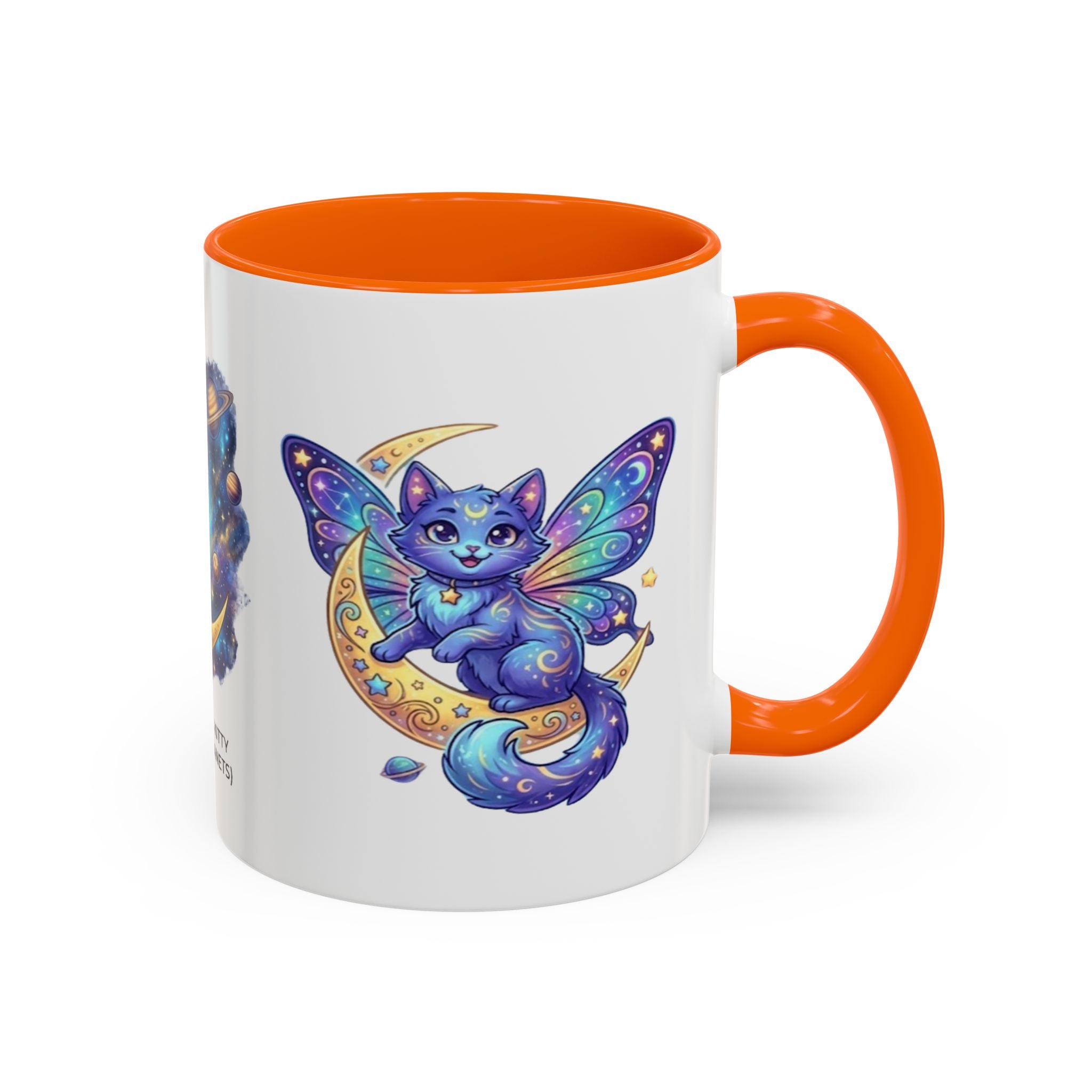 Cosmic Kitty Accent Coffee Mug — Magical Moon & Planets Cat Design (11/15oz)