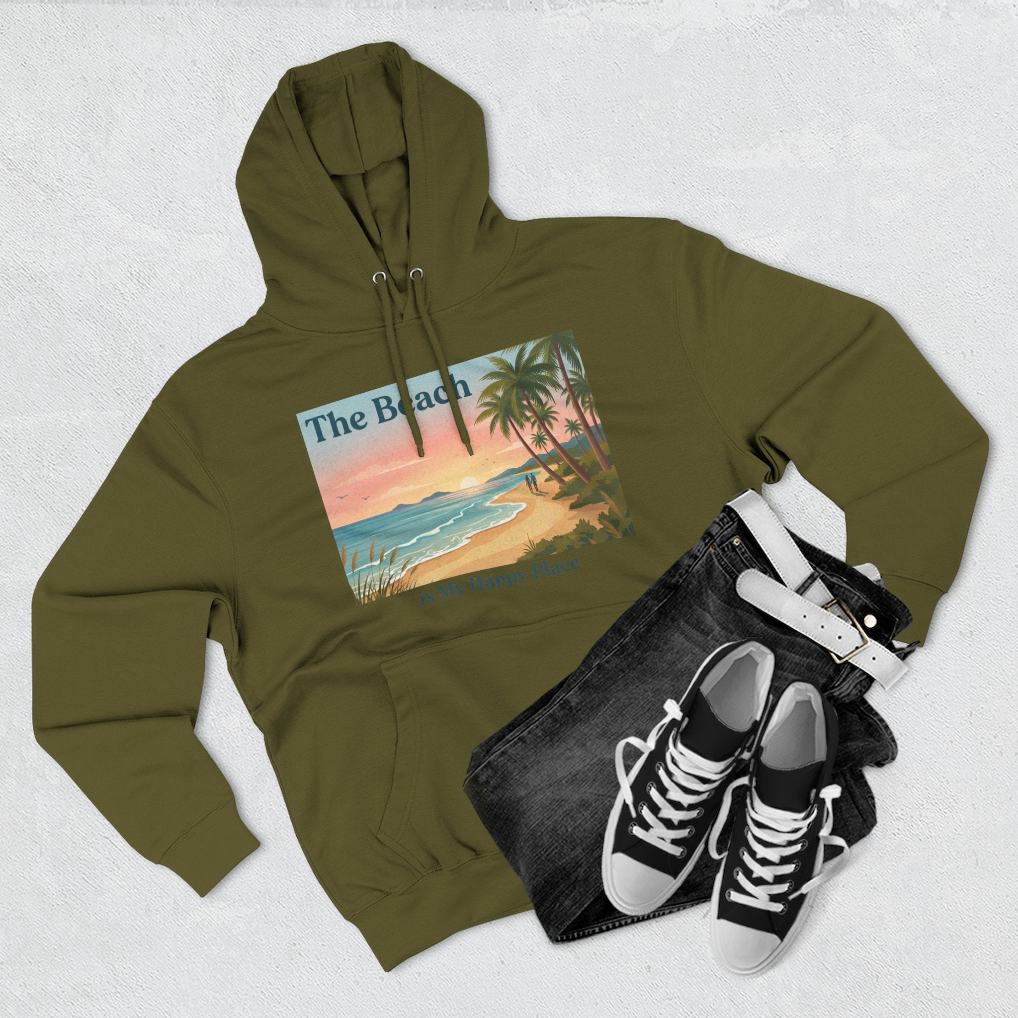 Beach Sunset Hoodie – "The Beach is My Happy Place" Coastal Palm Pullover
